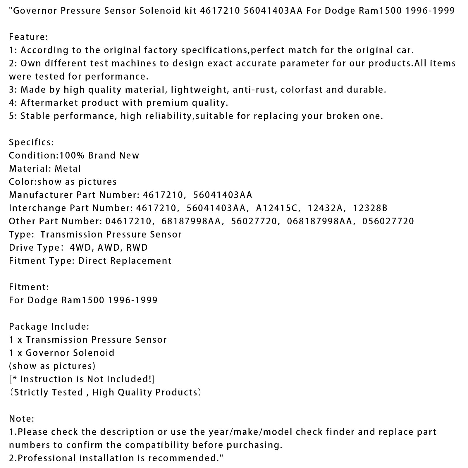 1996-1999 Dodge Ram1500 Governor Pressure Sensor Solenoid kit 4617210 56041403AA