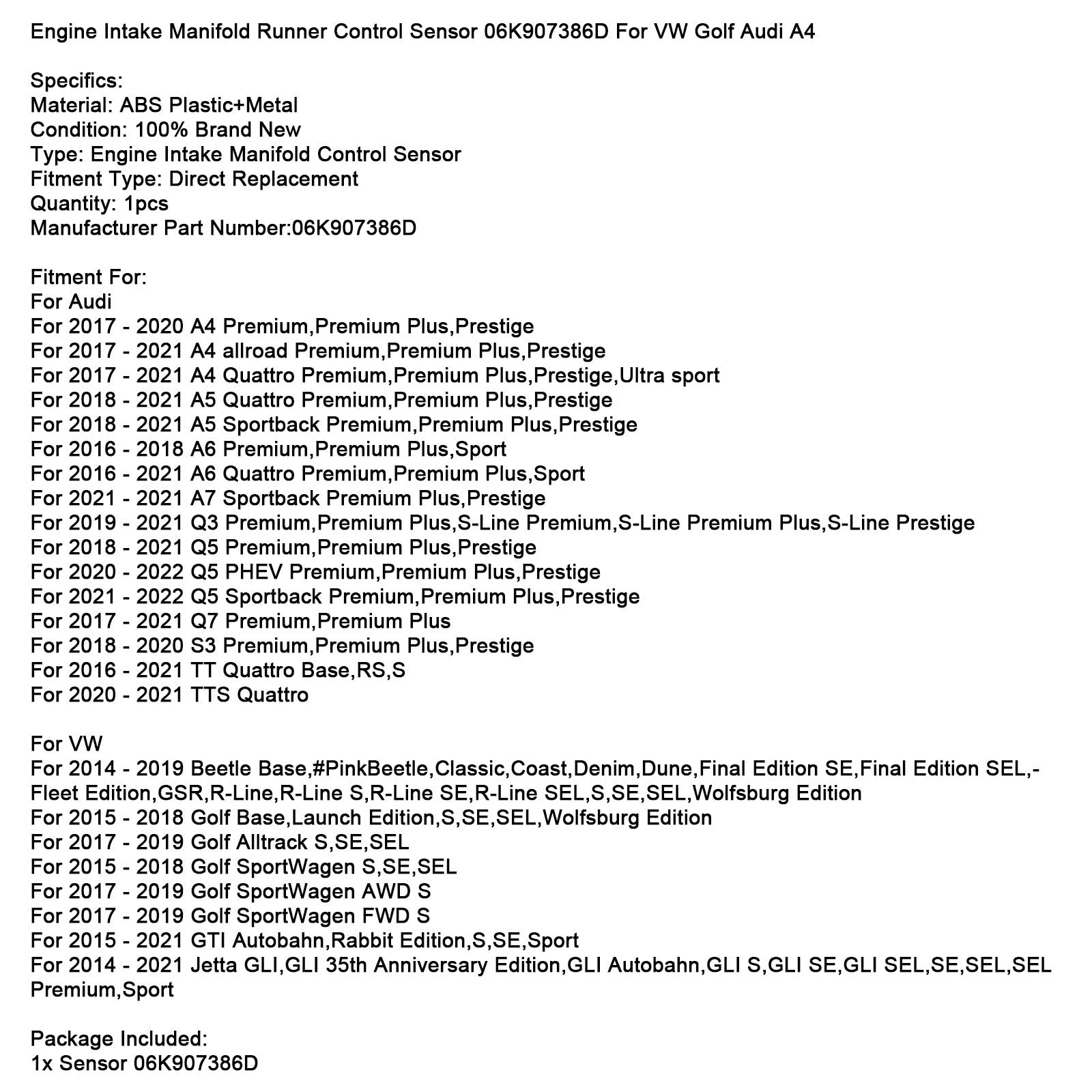 Engine Intake Manifold Runner Control Sensor 06K907386D For VW Golf Audi A4