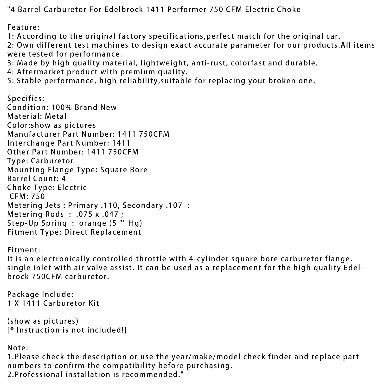 Edelbrock 1411 Performer 750 CFM Electric Choke 용 4 배럴 기화기