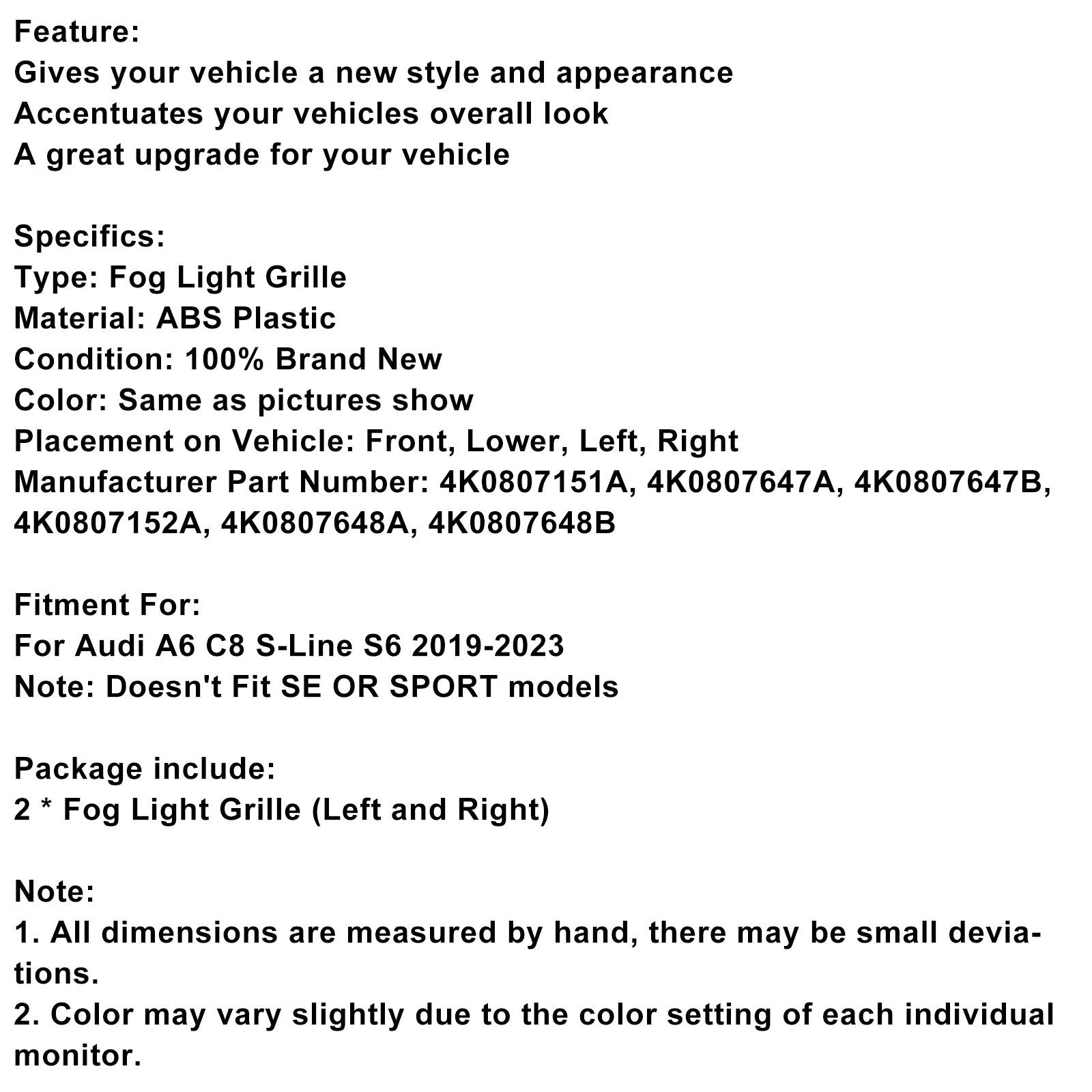 2019-2023 Audi A6 C8 S-Line S6 2PCS Front Fog Light Lamp Bezel