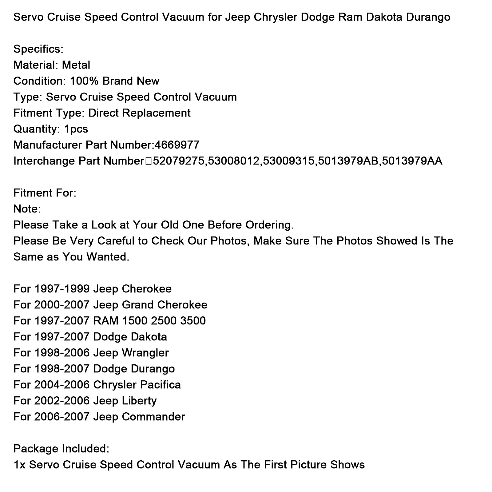 Servo Cruise Speed Control Vacuum 4669977 for Jeep Chrysler Dodge Ram Dakota