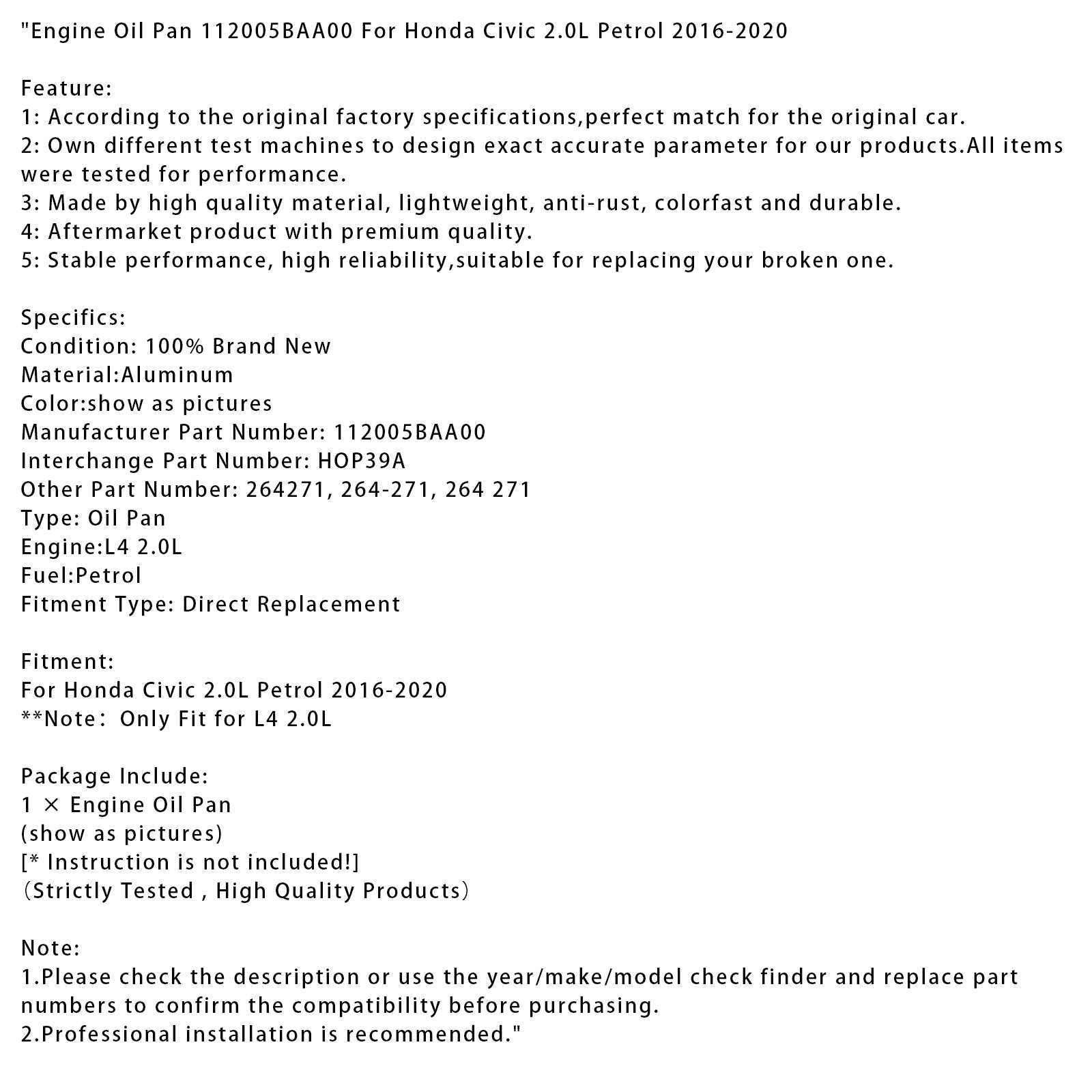 2016-2020 Honda Civic 2.0L Petrol Engine Oil Pan 112005BAA00 HOP39A