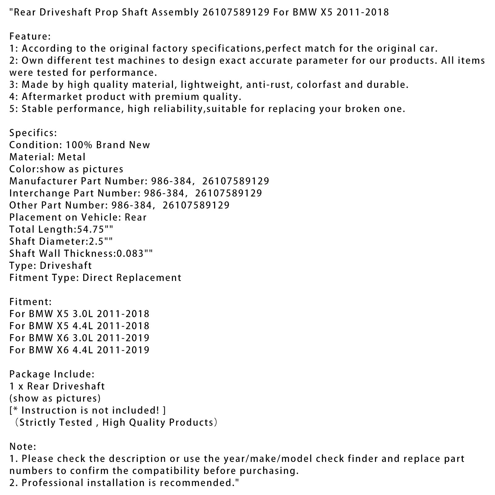 2011-2018 BMW X5 4.4L Rear Driveshaft Prop Shaft Assembly 26107589129 986-384