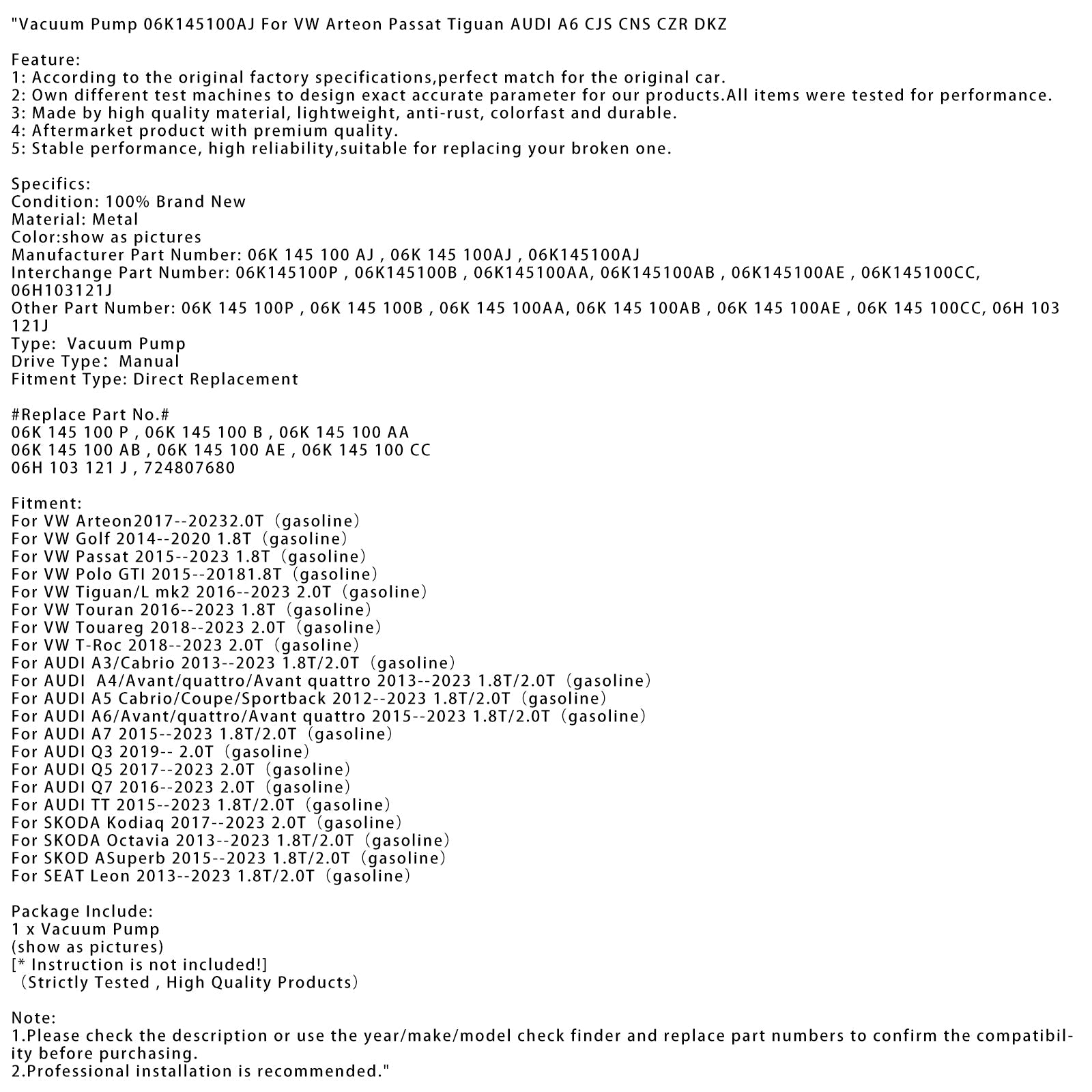 2015-2023 AUDI TT 1.8T/2.0T(가솔린) 진공 펌프 06K145100AJ 06K145100P 06K145100CC