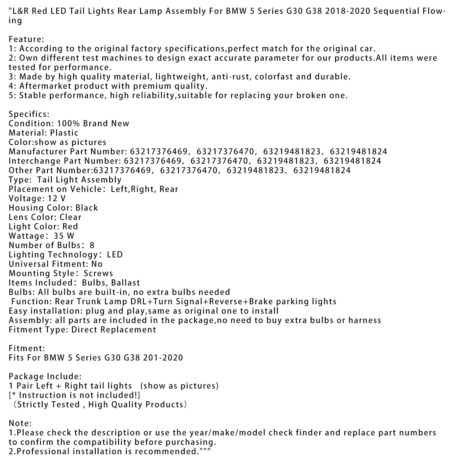 2018-2020  BMW 5 Series G30 G38 L&R Red LED Tail Lights Rear Lamp Assembly