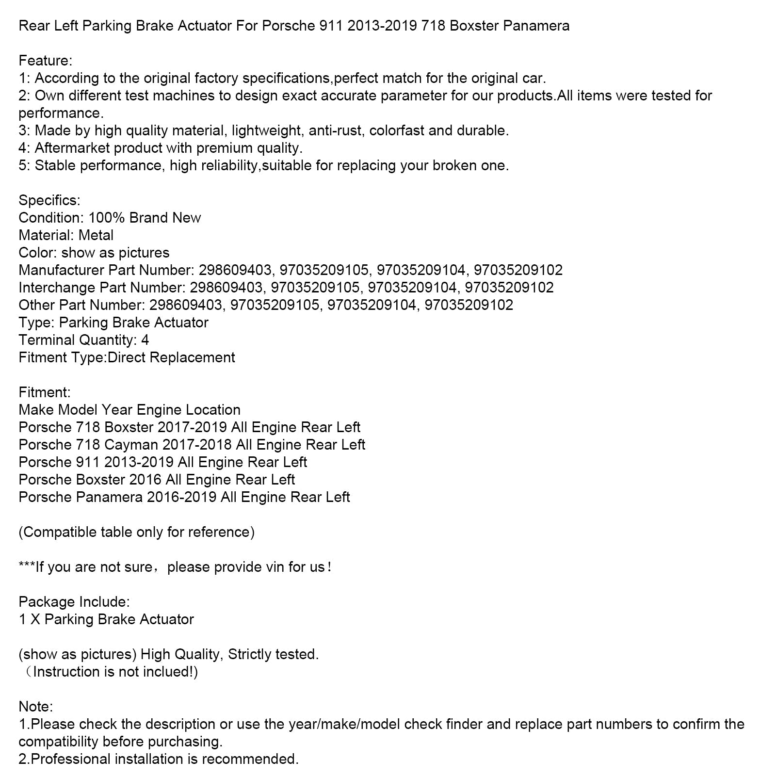 Rear Left Parking Brake Actuator For Porsche 911 2013-2019 718 Boxster Panamera