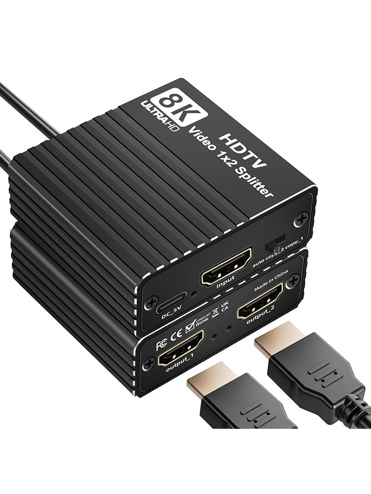 8K HDMI 1 to 2 Splitter HD2.1 8K60hz/4K120hz/1080P240hz with EDID Splitter 1x2