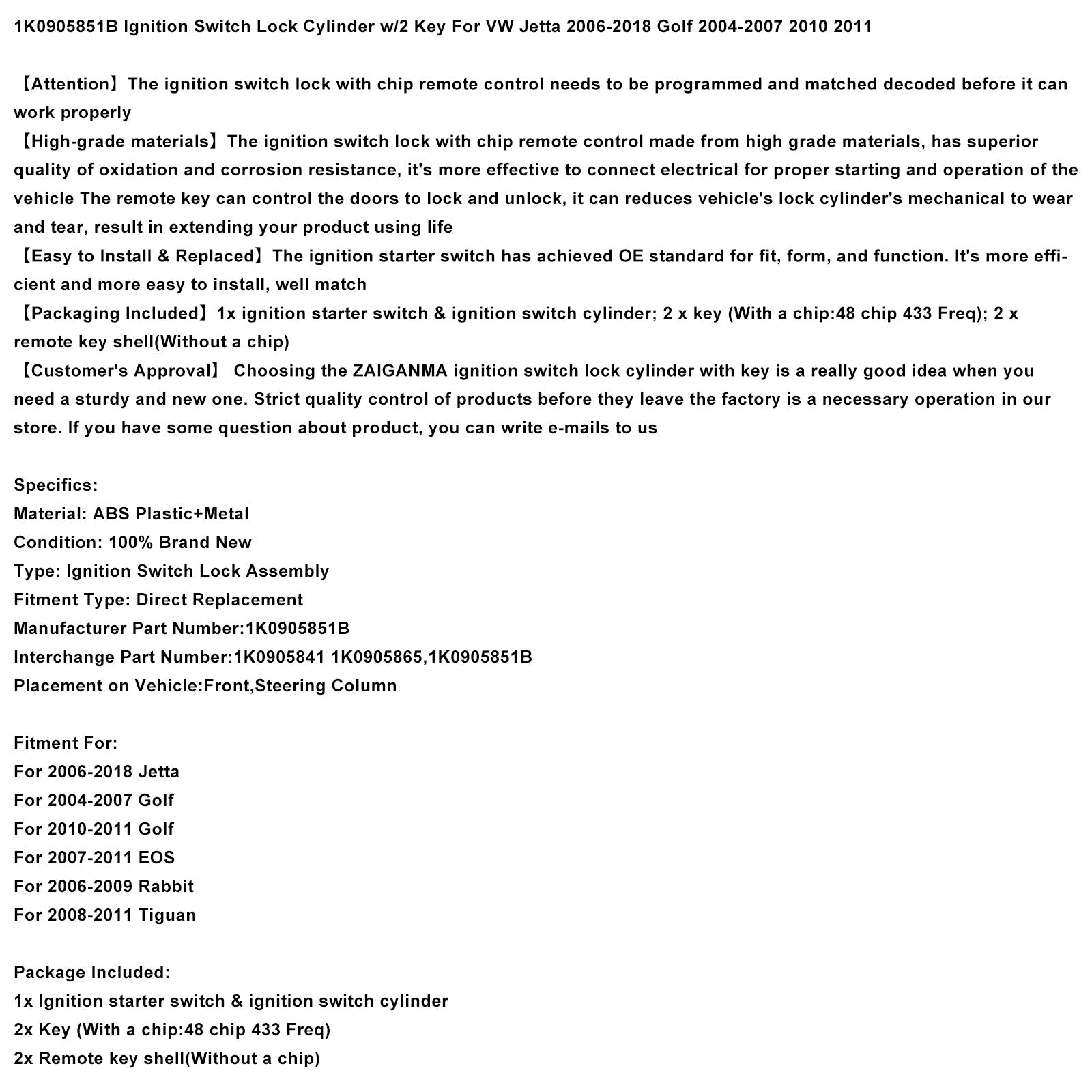 2008-2011 Tiguan Ignition Switch Lock Cylinder w/2 Key 1K0905851B 1K0905865