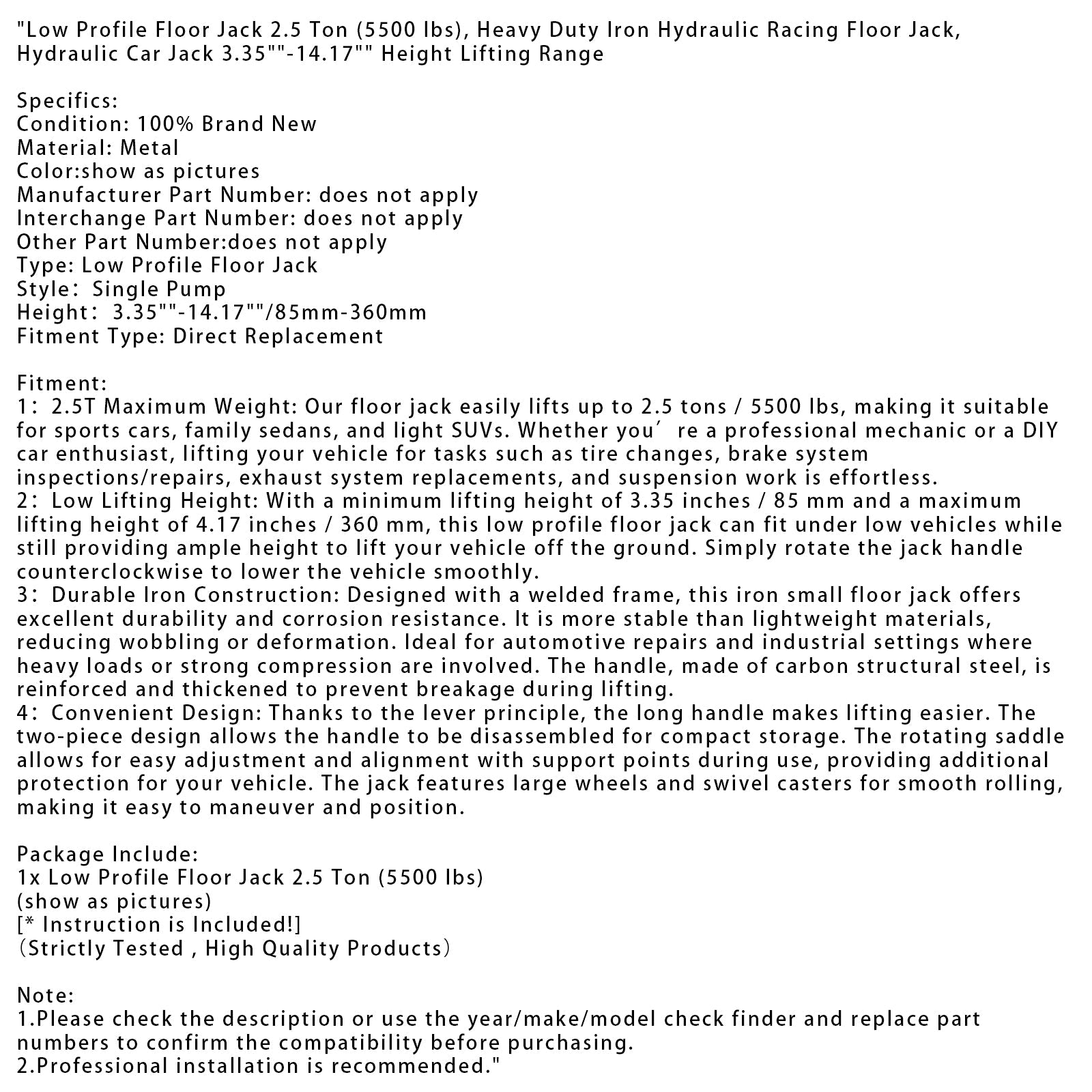 Low Profile Floor Jack 2.5 Ton (5500 lbs) 3.35"-14.17" Height Lifting Range