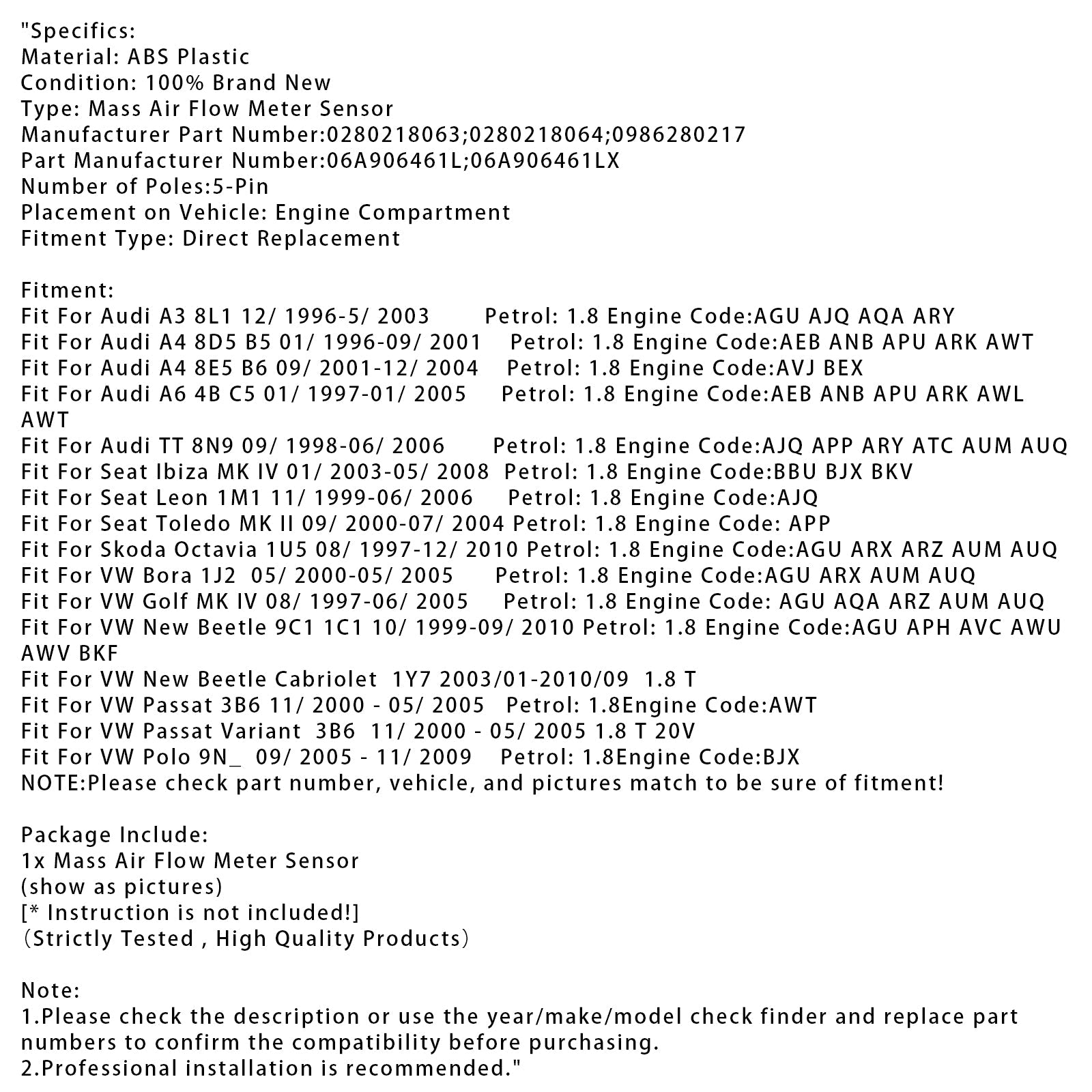 Mass Air Flow Meter Sensor For Audi A4 TT VW Golf IV Bora 1.8T 0280218063