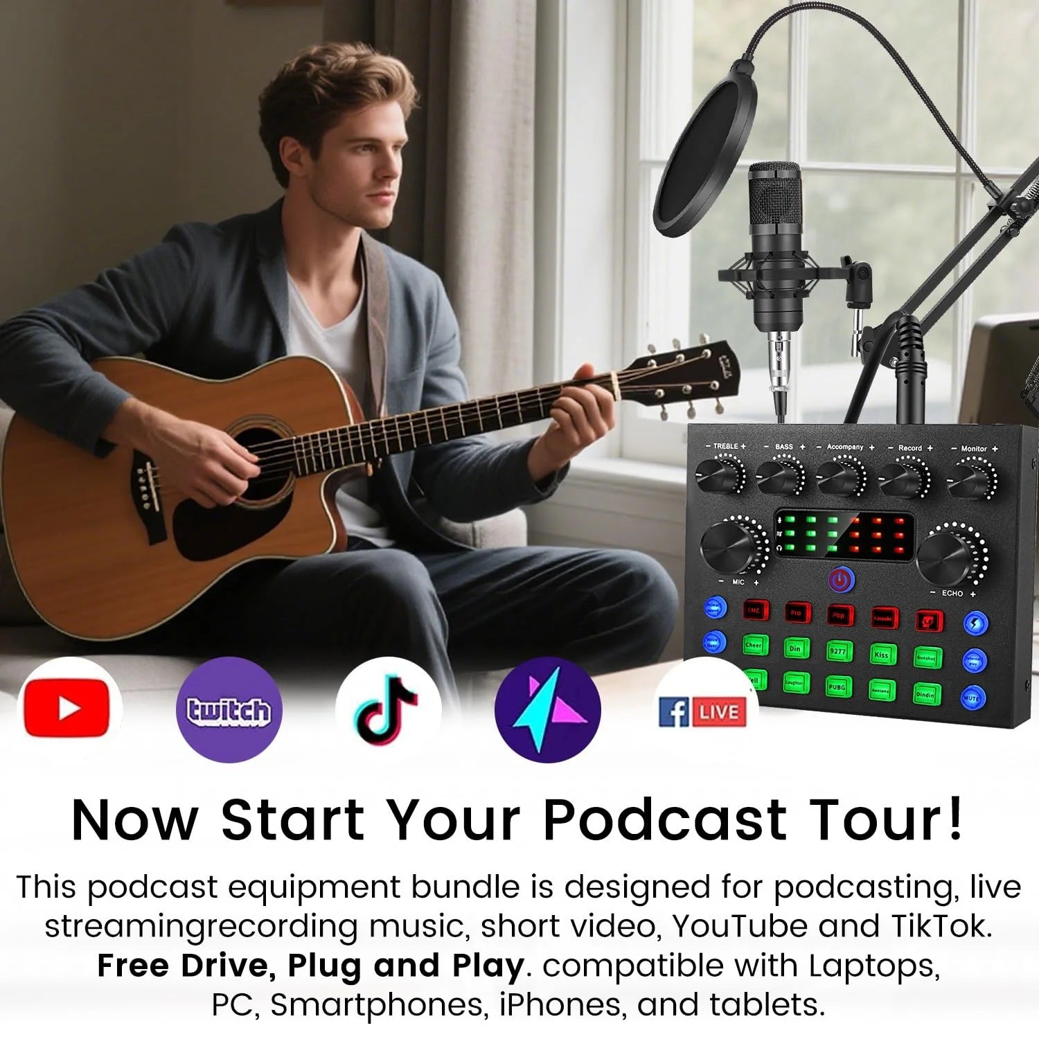 V8s Sound Card Live Sound Card Set for Podcast Record Sing Streaming and Gaming