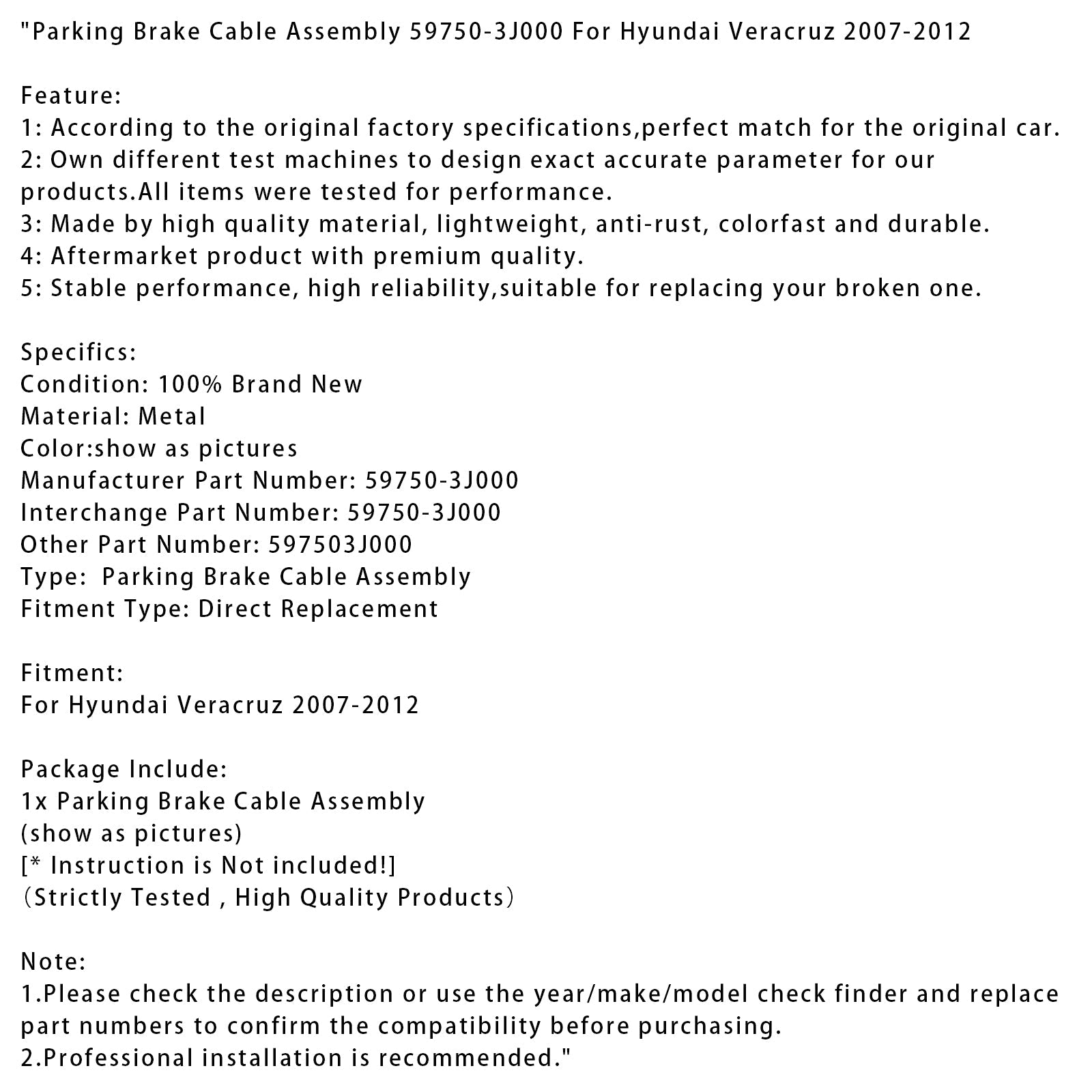 2007-2012 Hyundai Veracruz Parking Brake Cable Assembly 59750-3J000