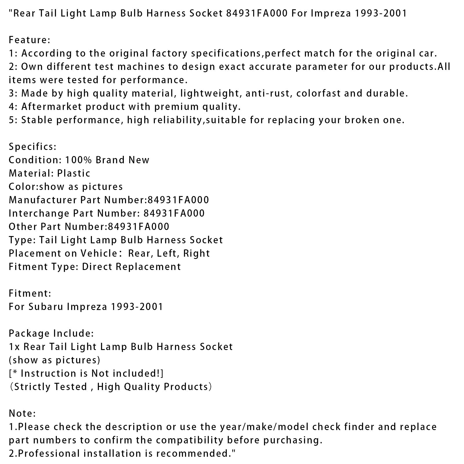 1993-2001 Subaru Impreza Rear Tail Light Lamp Bulb Harness Socket 84931FA000