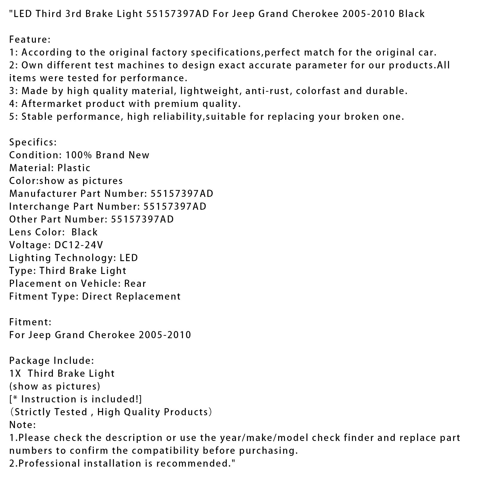 2005-2010 Jeep Grand Cherokee LED Third 3rd Brake Light 55157397AD Black