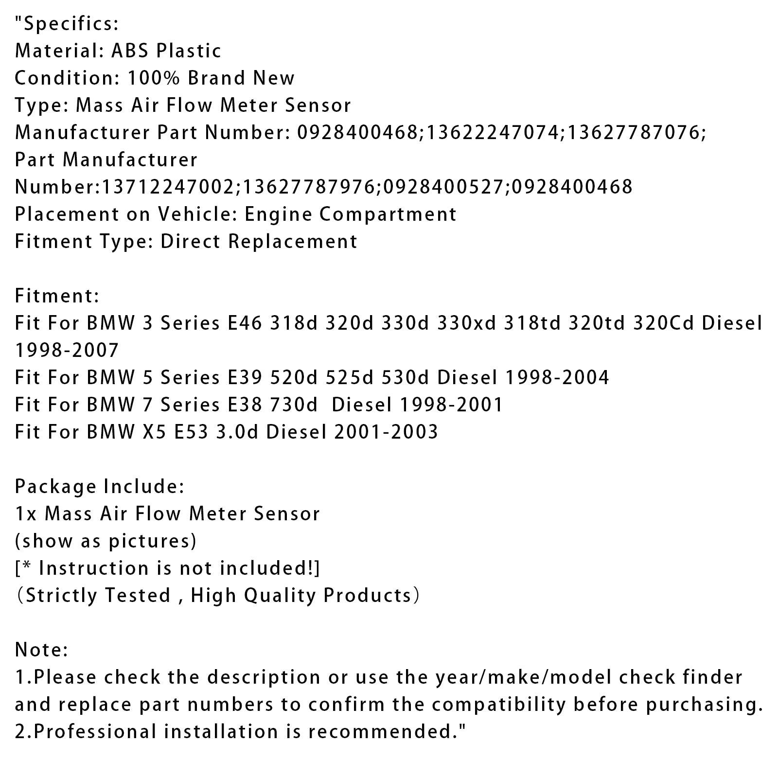 Mass Air Flow Meter Sensor For BMW E38 E39 E46 E53 98-05 0928400468