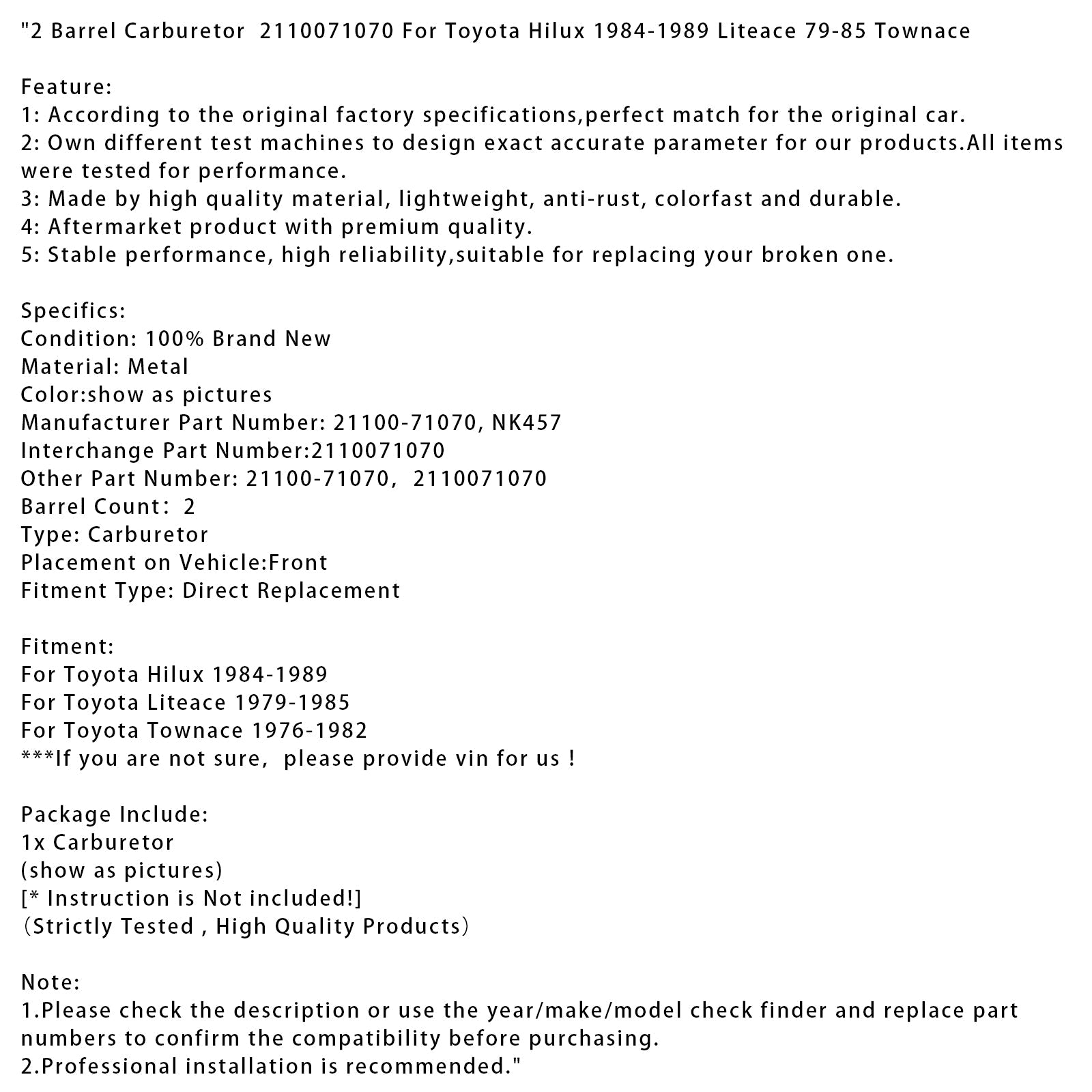 1976-1982 Toyota Townace 2 Barrel Carburetor  2110071070 NK457