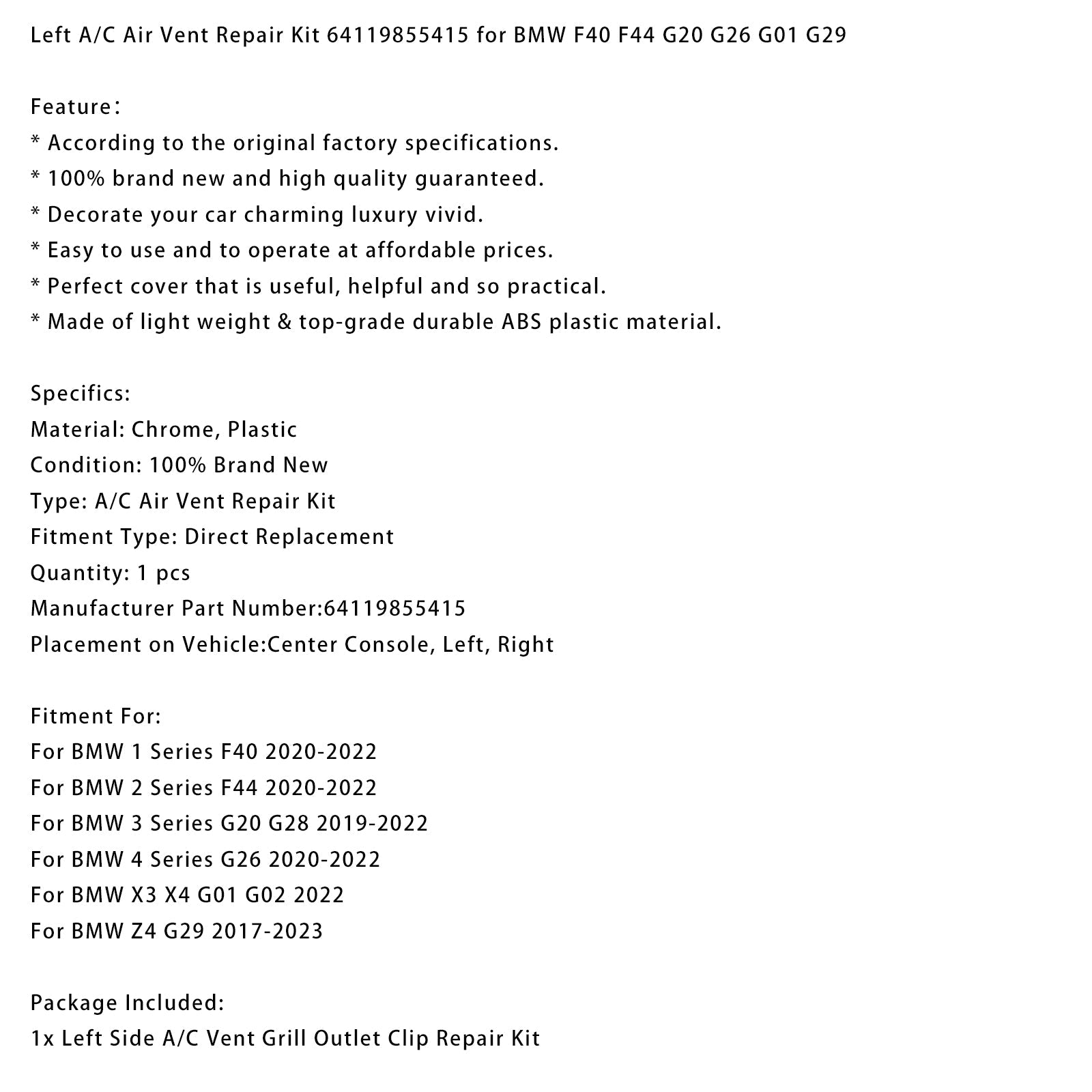 Left A/C Air Vent Repair Kit 64119855415 for BMW F40 F44 G20 G26 G01 G29