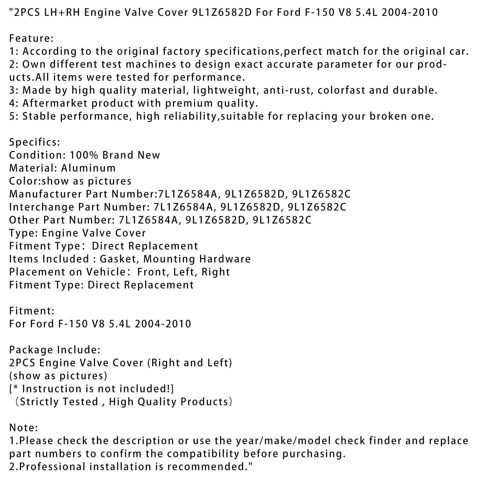 2004-2010 포드 F-150 V8 5.4L 2개 LH+RH 엔진 밸브 커버 9L1Z6582D