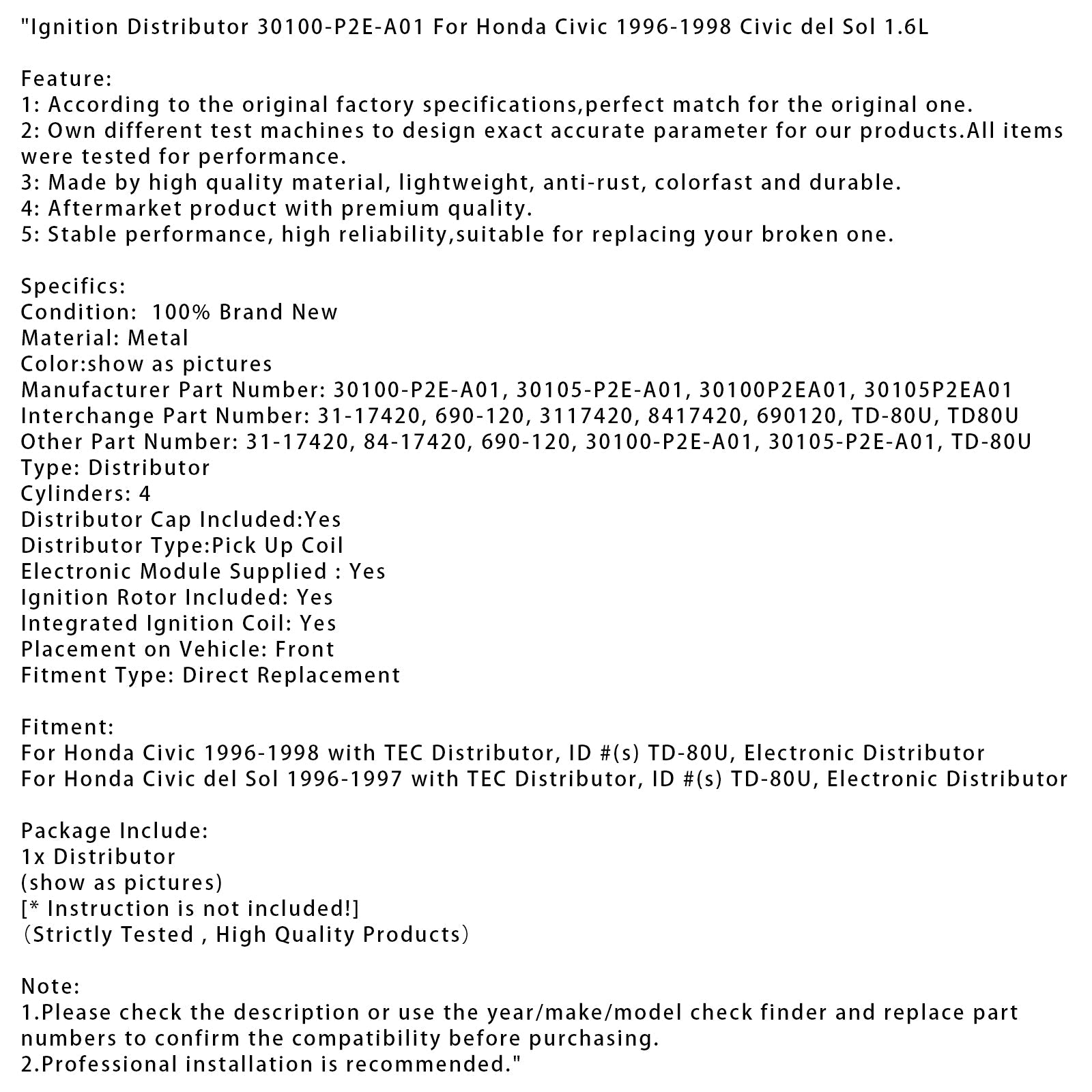 1996-1997 Honda Civic del Sol Ignition Distributor 30100-P2E-A01 30105P2EA01