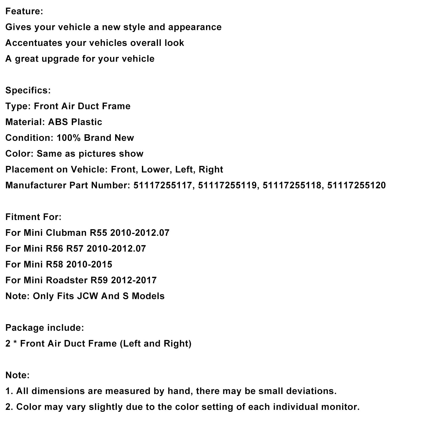 Chrome Front Air Duct Frame 51117255117 Fit Mini R55 R56 R57 R58 R59 JCW S