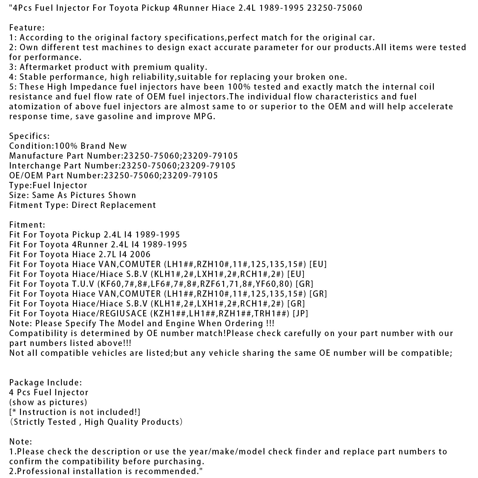 4Pcs Fuel Injector For Toyota Pickup 4Runner Hiace 2.4L 1989-1995 23250-75060