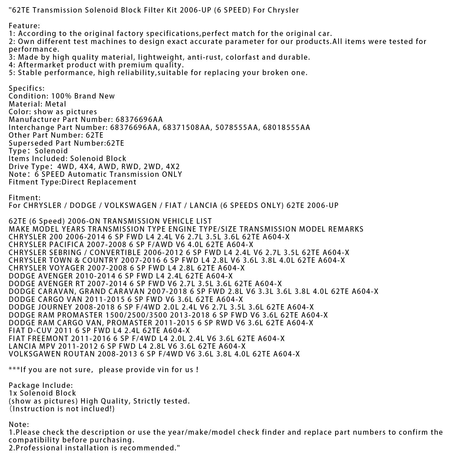 2013-2018 DODGE RAM PROMASTER 1500/2500/3500 6 SP FWD V6 3.6L 62TE A604-X Transmission Solenoid Block 68376696AA