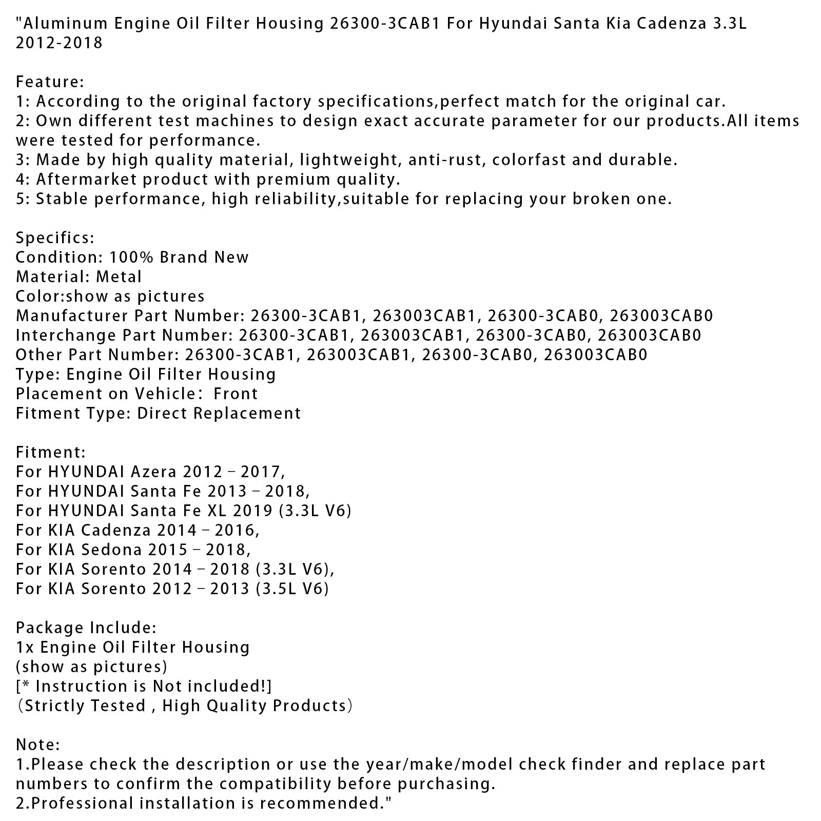 2014�C2016 KIA Cadenza Aluminum Engine Oil Filter Housing 26300-3CAB1 263003CAB0