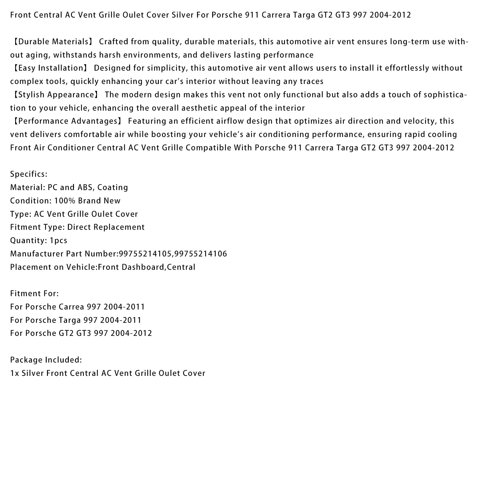 Central AC Vent Cover Silver For Porsche 911 Carrera Targa GT2 GT3 997 2004-2012