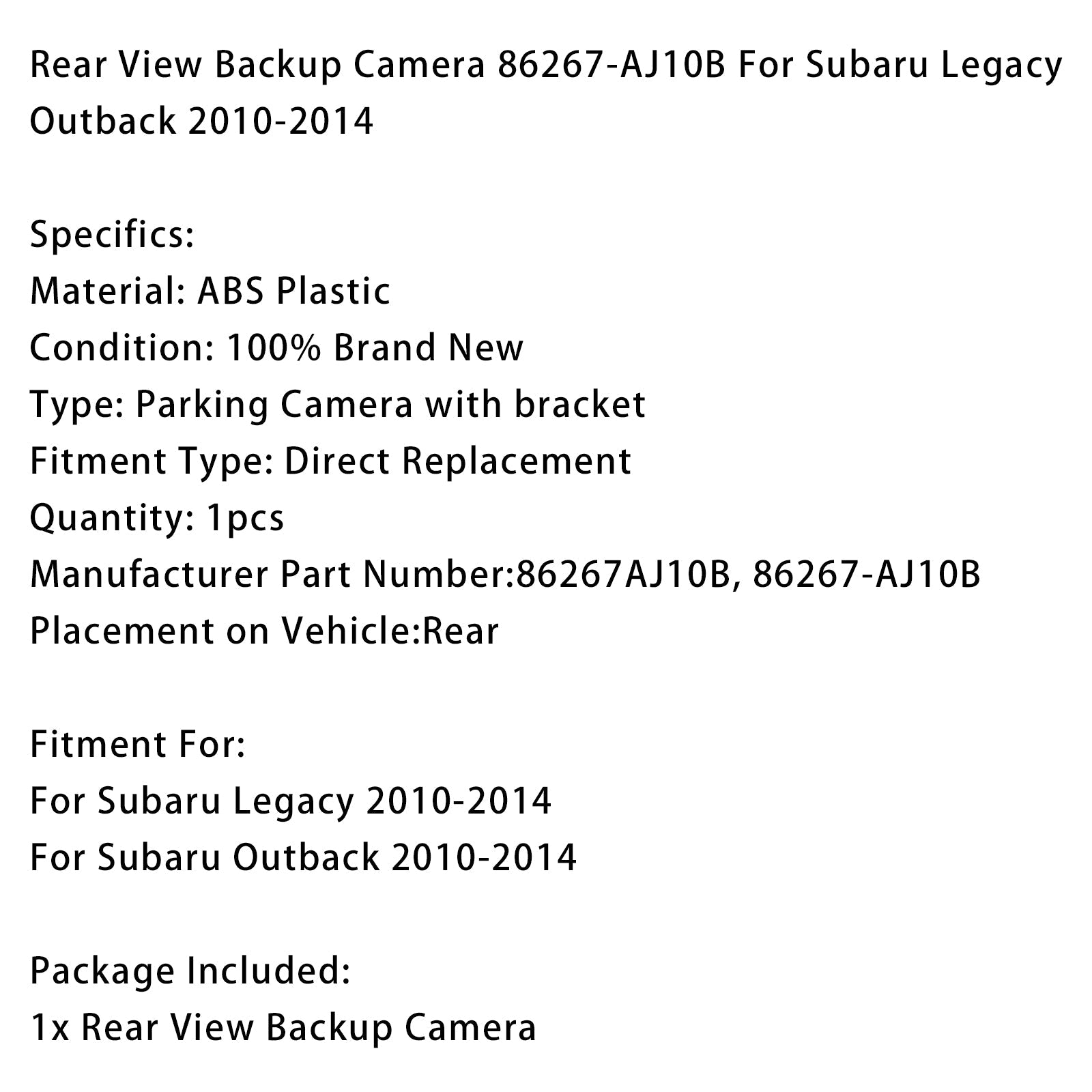 Rear View Backup Camera 86267-AJ10B For Subaru Legacy Outback 2010-2014