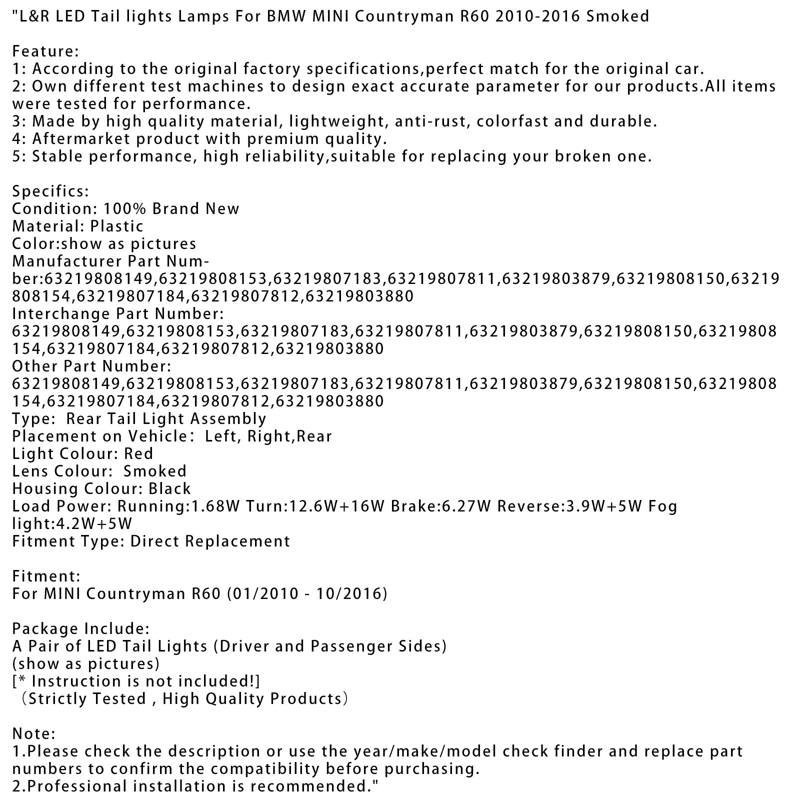 2010-2016 BMW MINI Countryman R60 L&R LED Tail lights Lamps Smoked