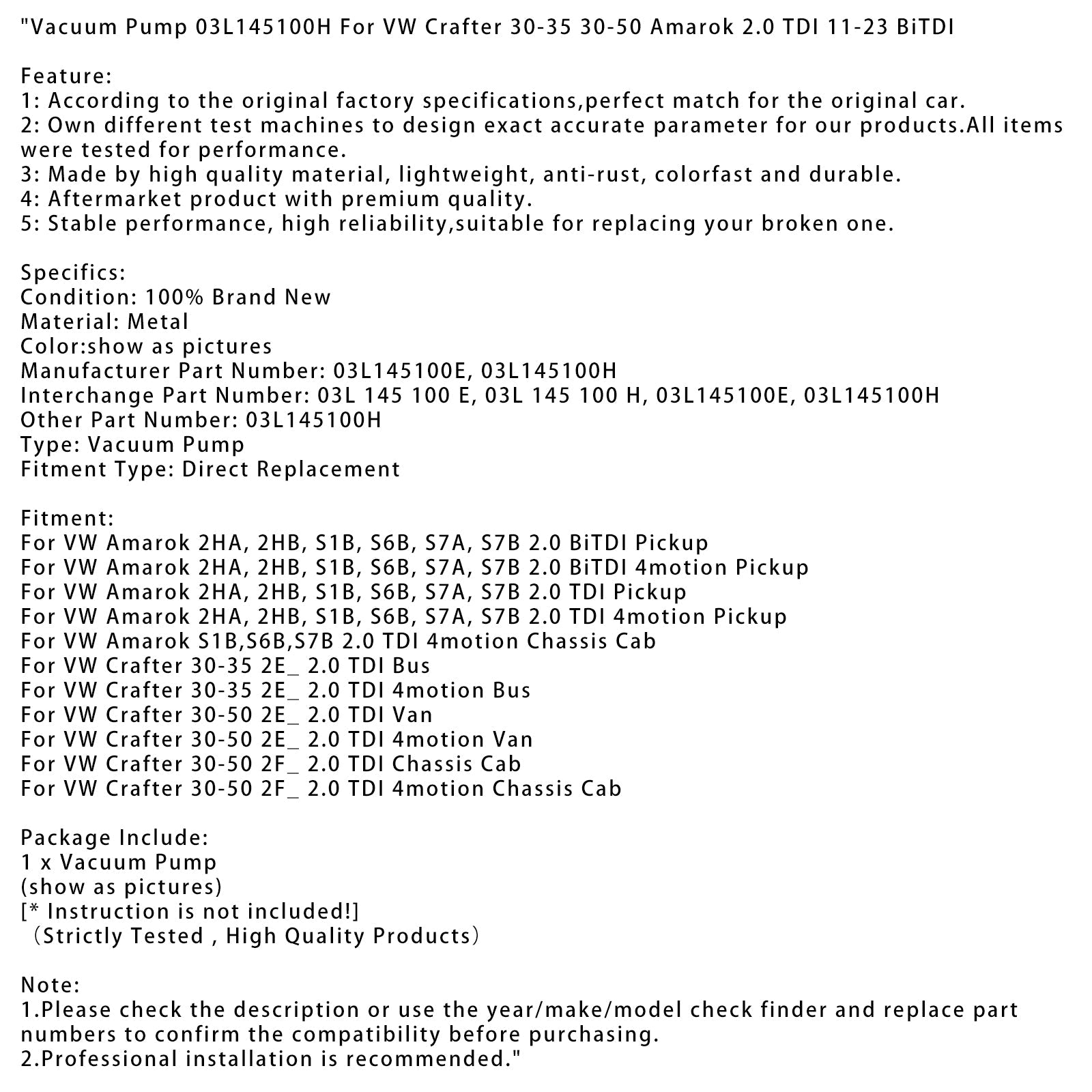 VW Crafter 30-35 2E_ 2.0 TDI 4motion Bus Vacuum Pump 03L145100H 03L145100E