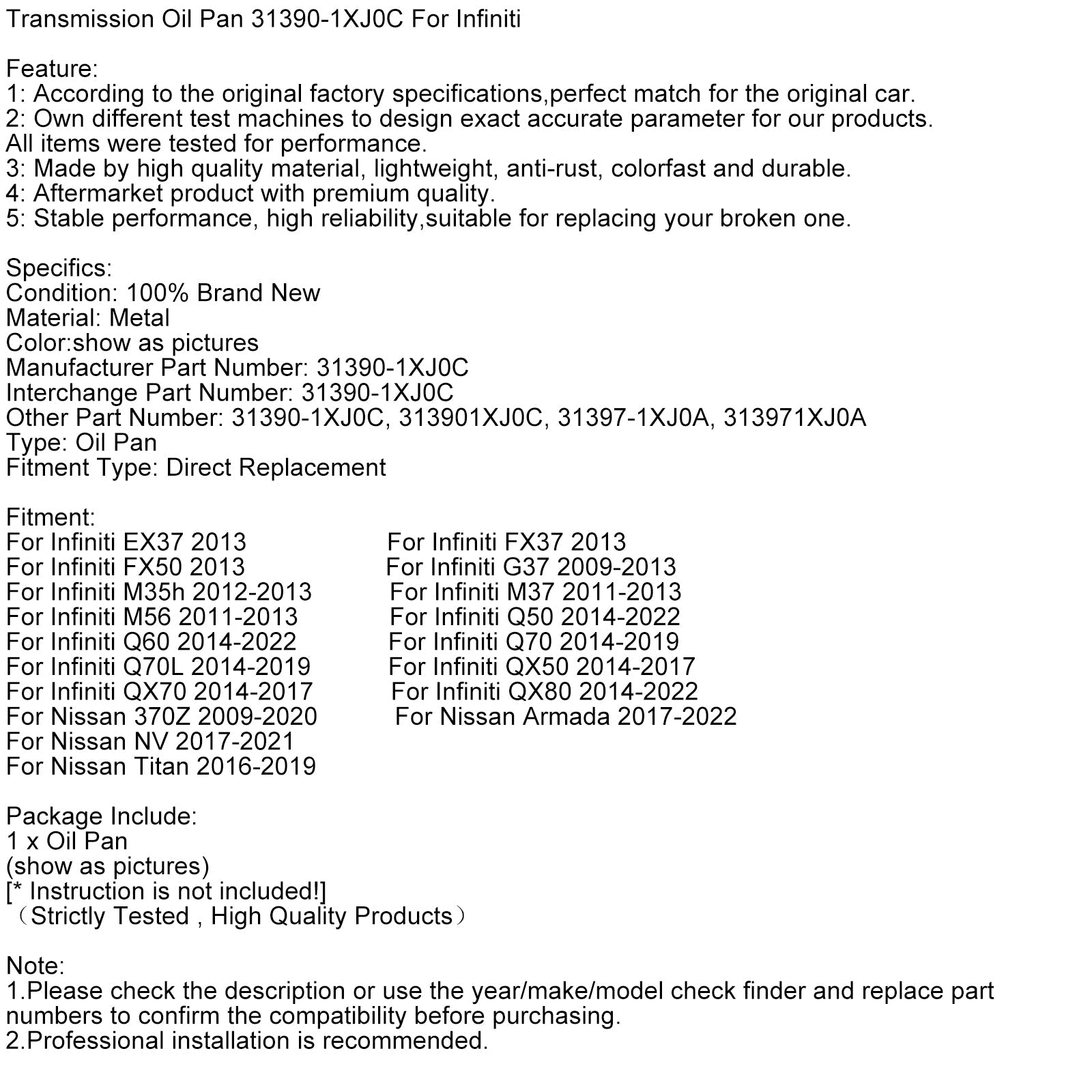 Infiniti EX37 FX37 FX50 G37 Transmission Oil Pan 31390-1XJ0C