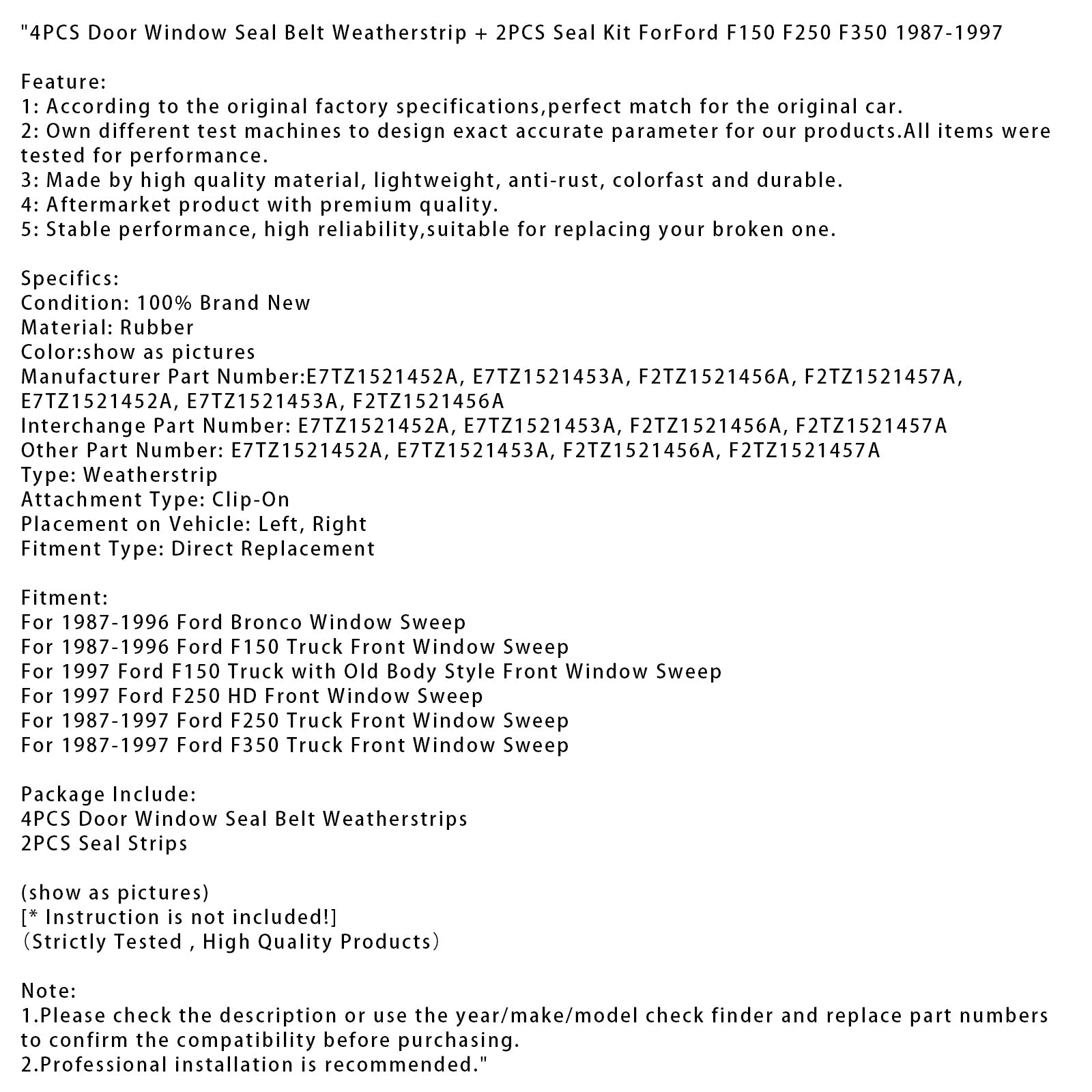 1987-1996 Ford F150 Truck Front Window Sweep 4PCS Door Window Seal Belt Weatherstrip+2PCS Seal Kit