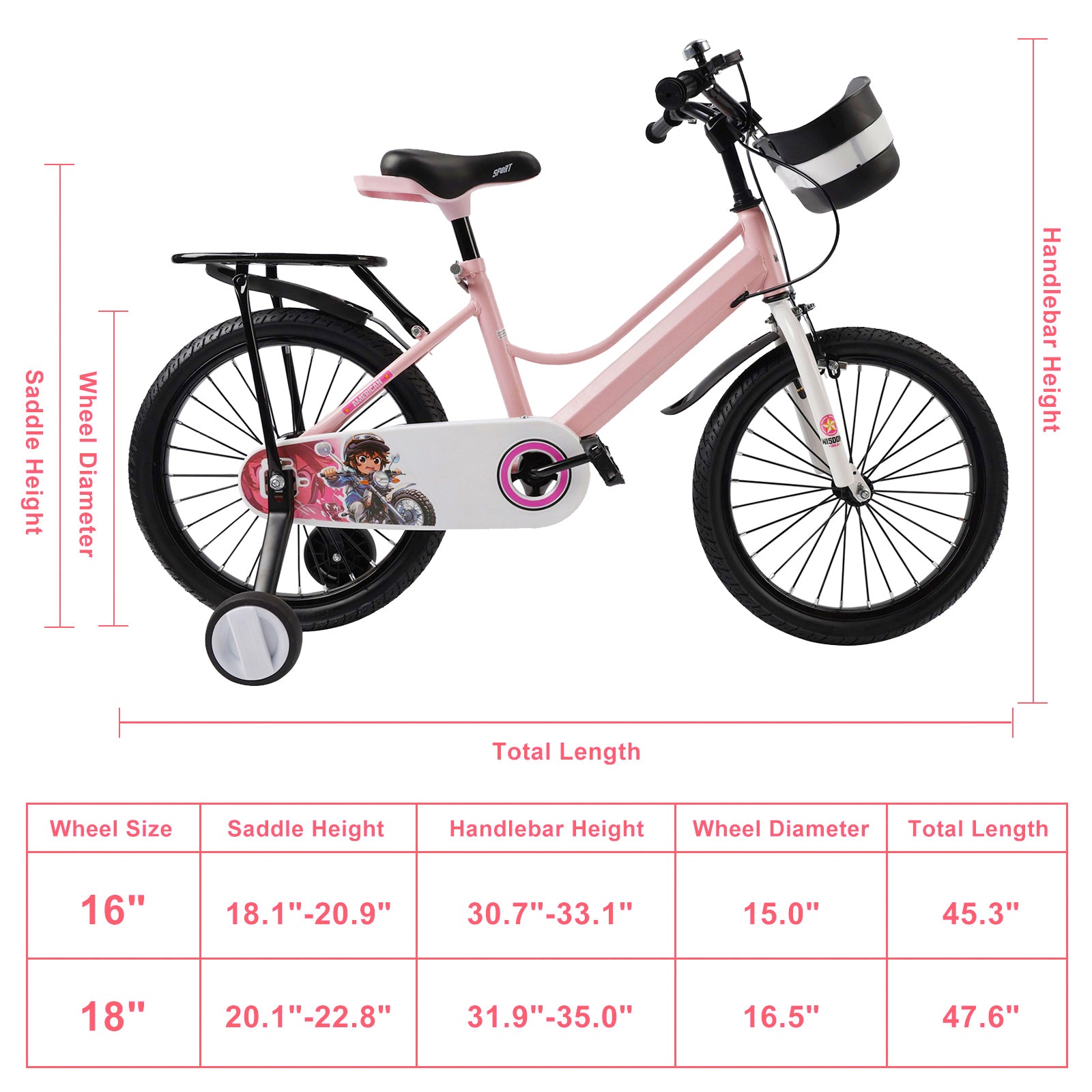 18" Kids Bike for Boys and Girls with auxiliary wheels & Rack Pink
