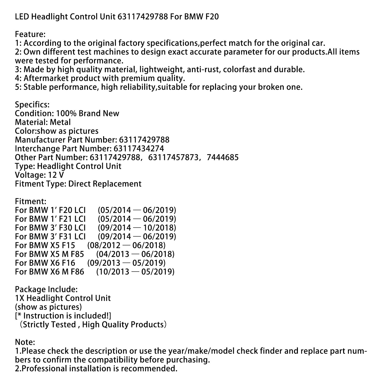 LED Headlight Control Unit 63117429788 For BMW F20