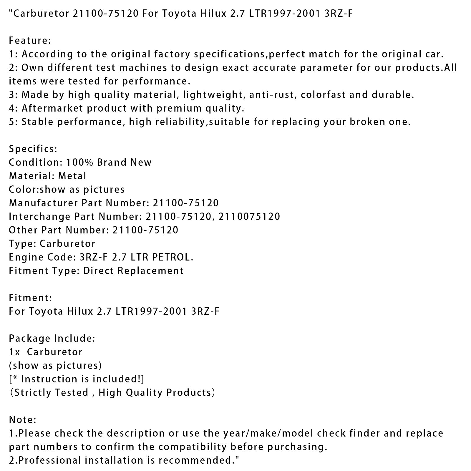 1997-2001 Toyota Hilux 2.7 Carburetor 21100-75120 LTR 3RZ-F