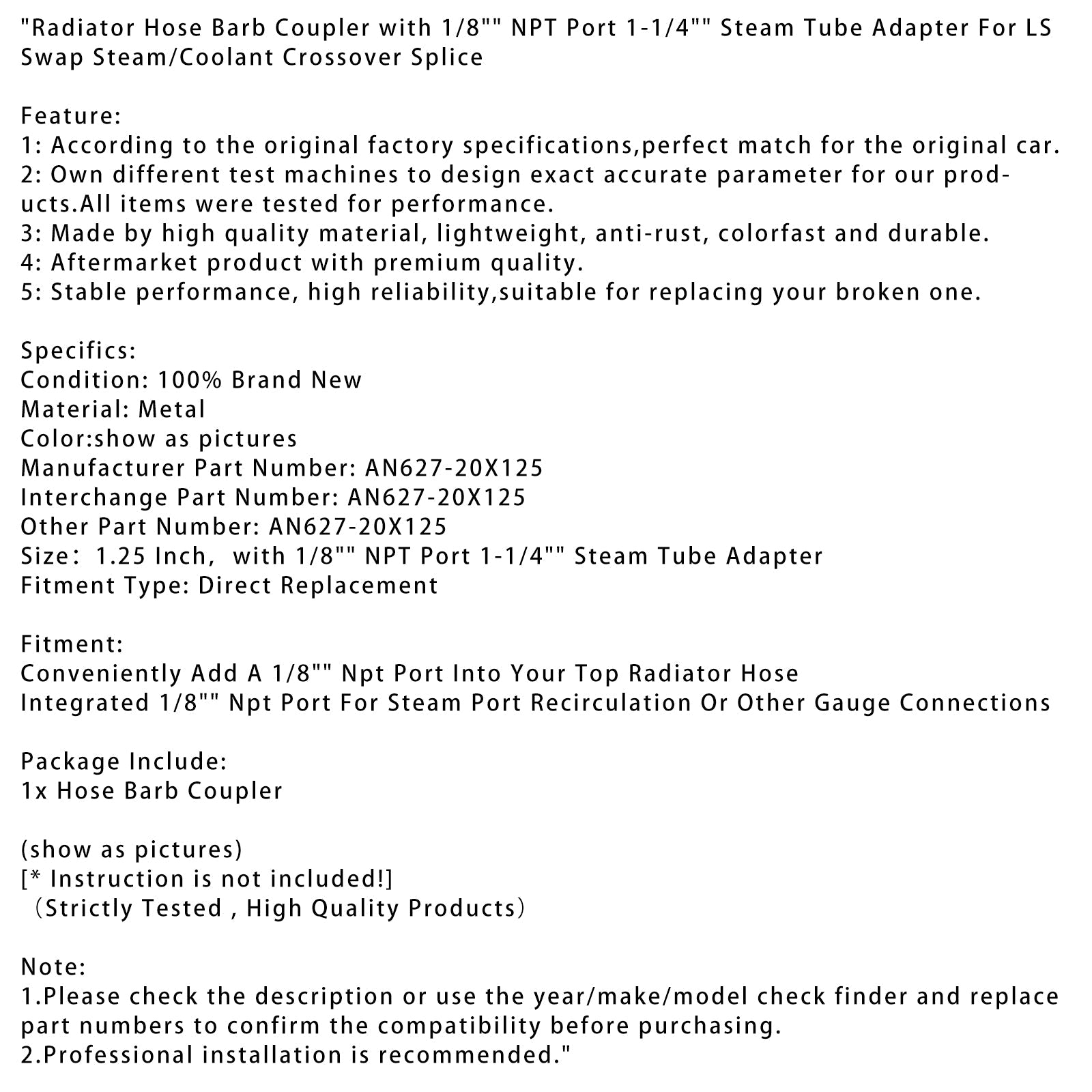Radiator Hose Barb Coupler with 1/8" NPT Port 1-1/4" Steam Tube Adapter