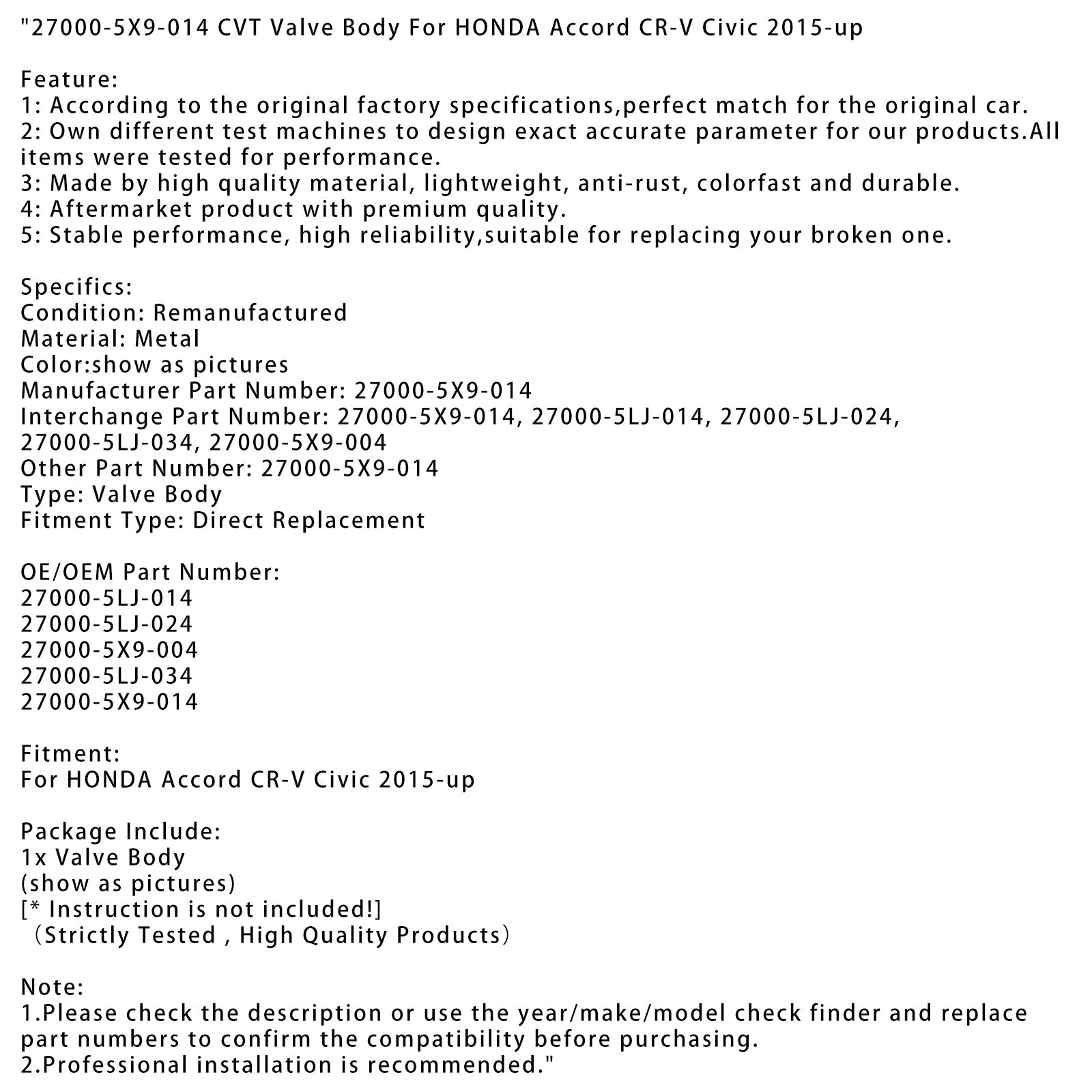 27000-5X9-014 CVT Valve Body For HONDA Accord CR-V Civic 2015-up