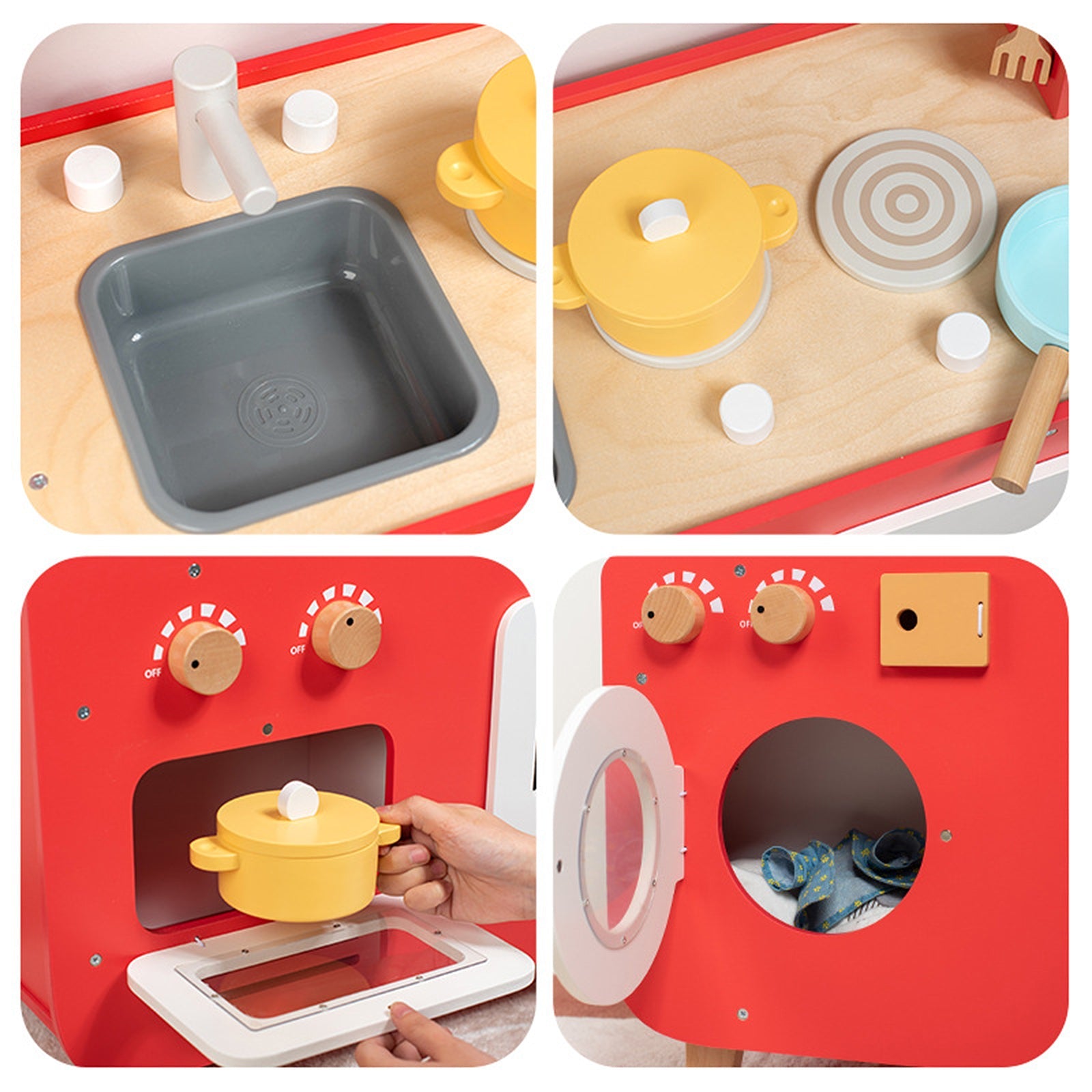 Red Play Kitchen Set Toy With Washing Machine And Oven Gift For Kid Age 3+