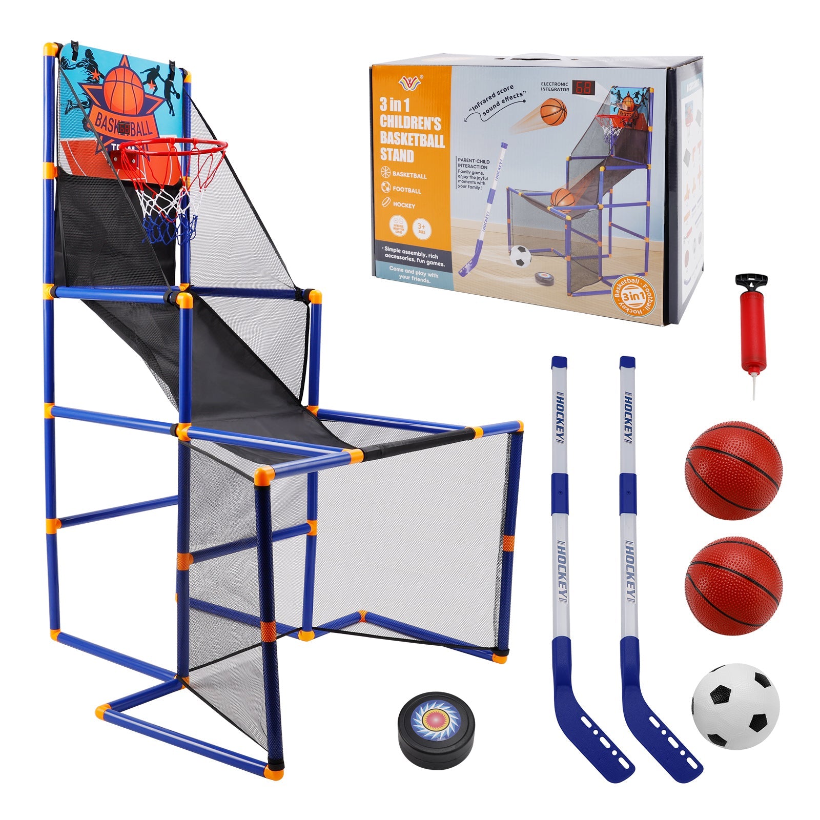 3In1 Scoring Basketball Stand Football Hockey Toy Gift Set For 3+ Years Kids
