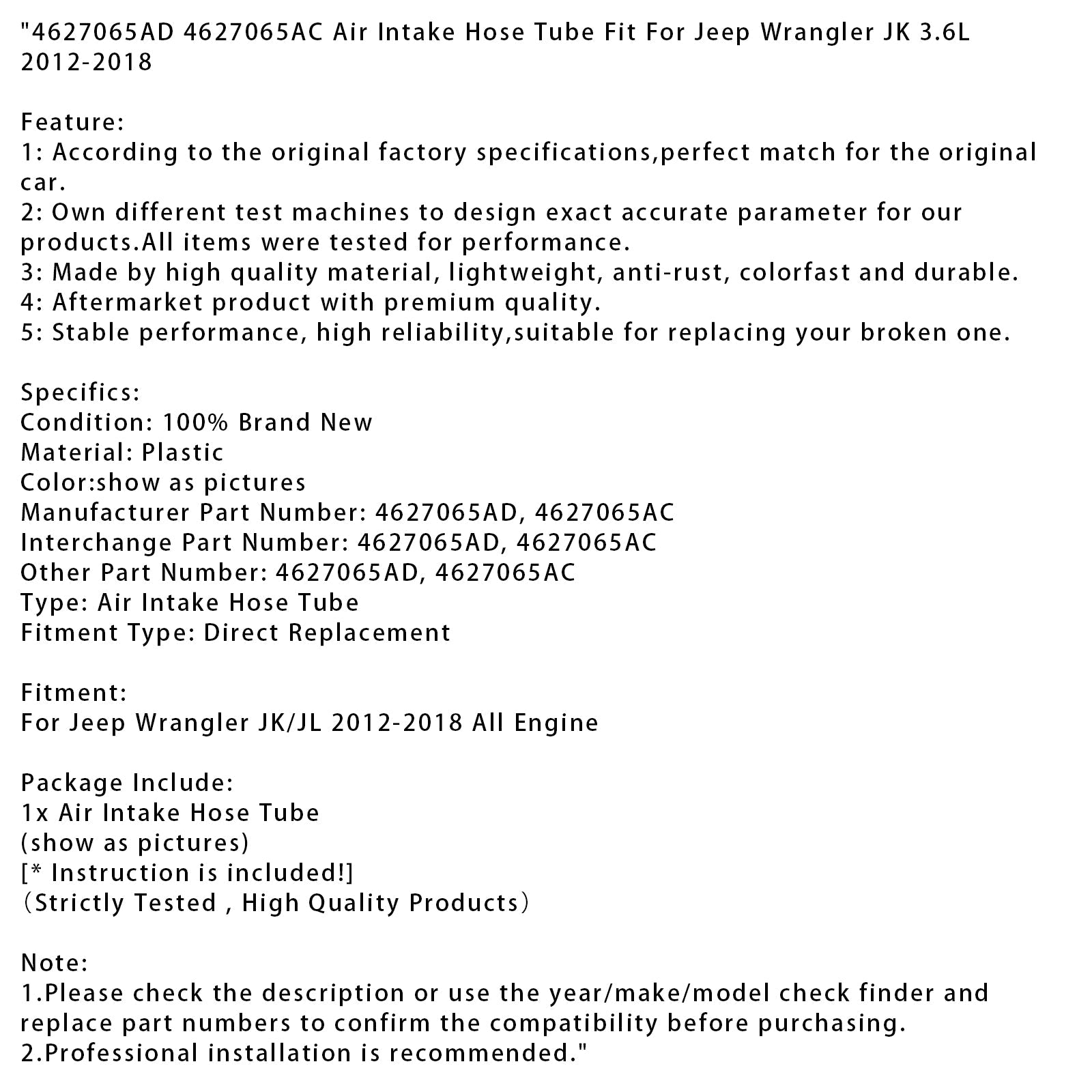 2012-2018 Jeep Wrangler JK 3.6L Air Intake Hose Tube  4627065AD 4627065AC