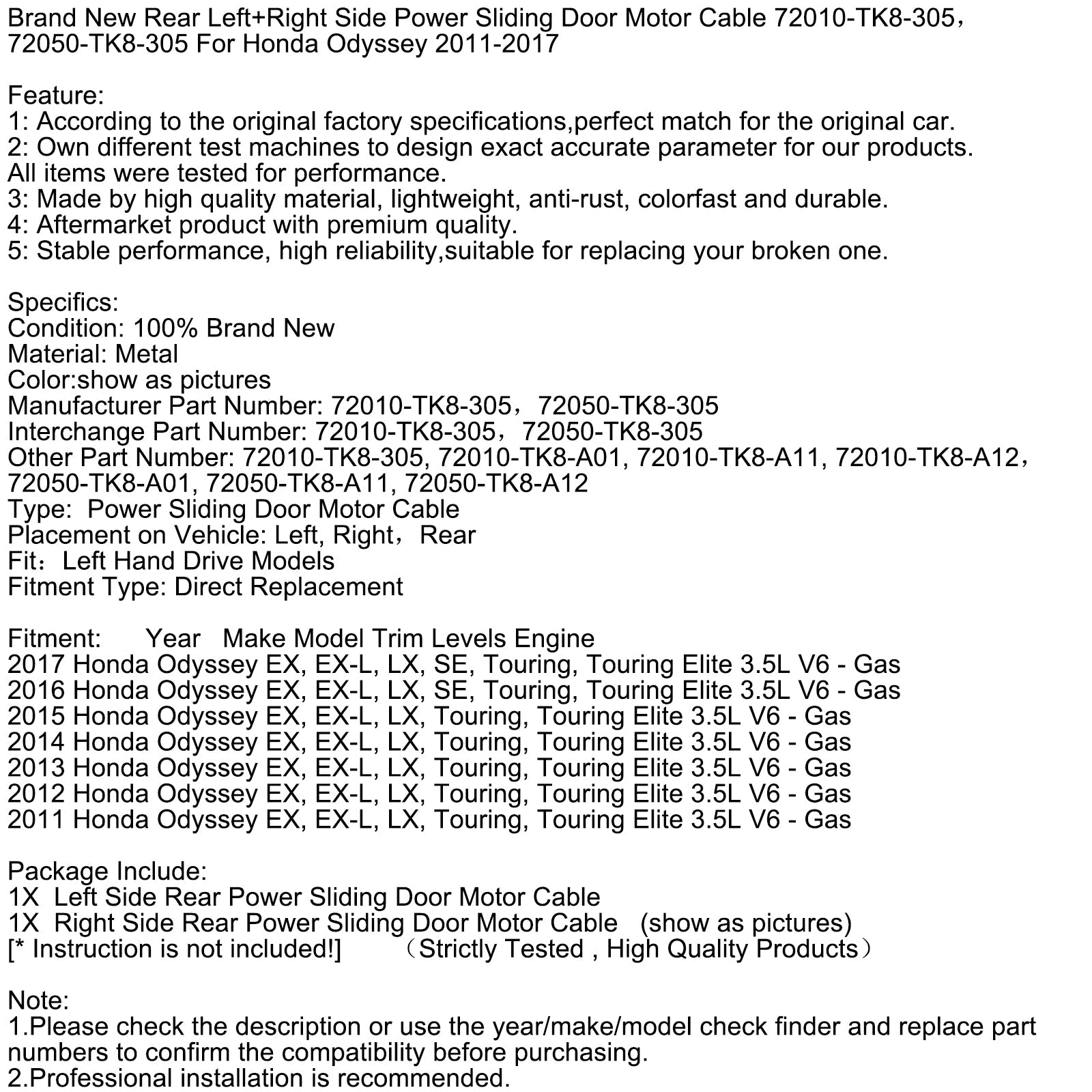 2011-2017 Honda Odyssey Brand New Rear Left+Right Side Power Sliding Door Motor Cable