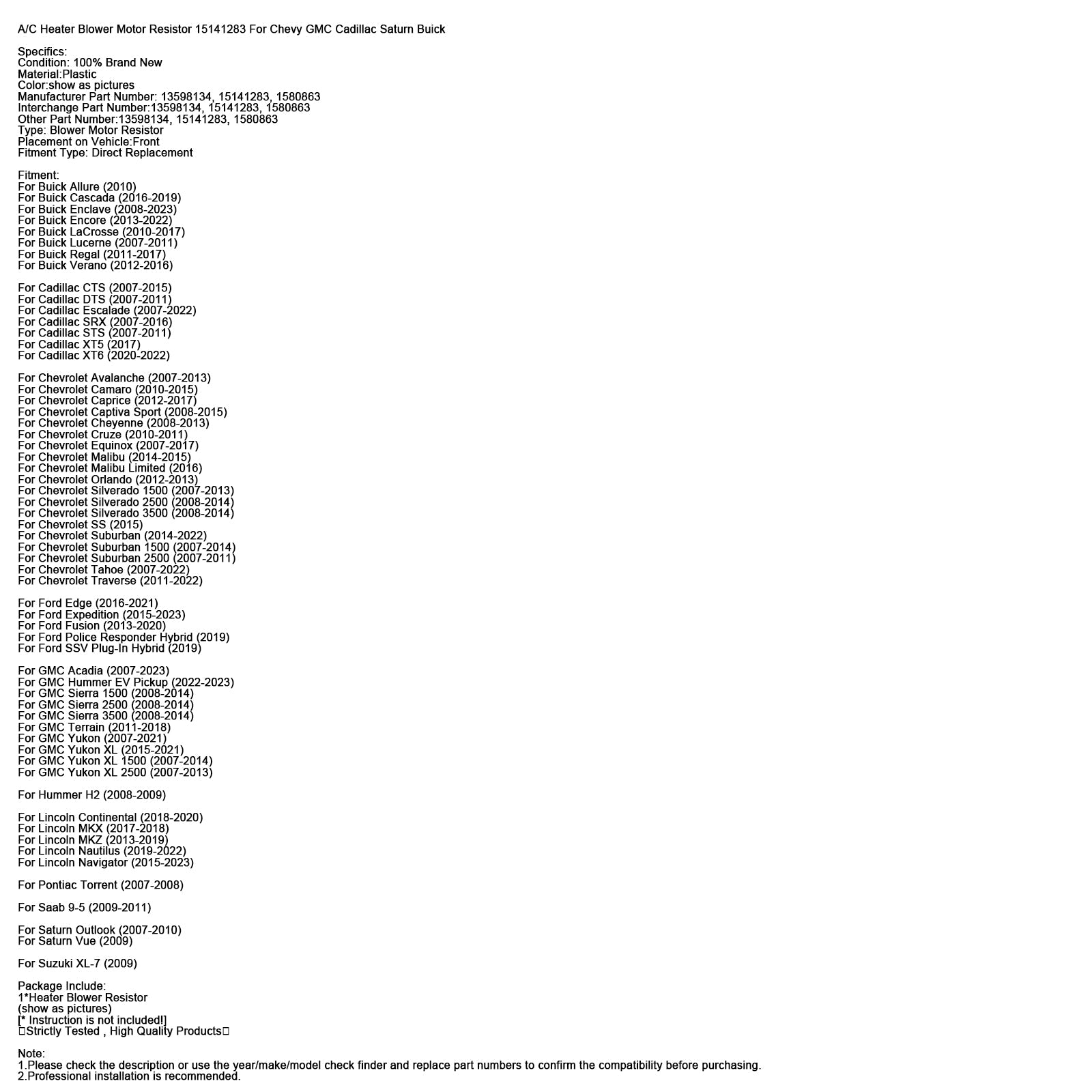 A/C Heater Blower Motor Resistor 15141283 For Chevy GMC Cadillac Saturn Buick