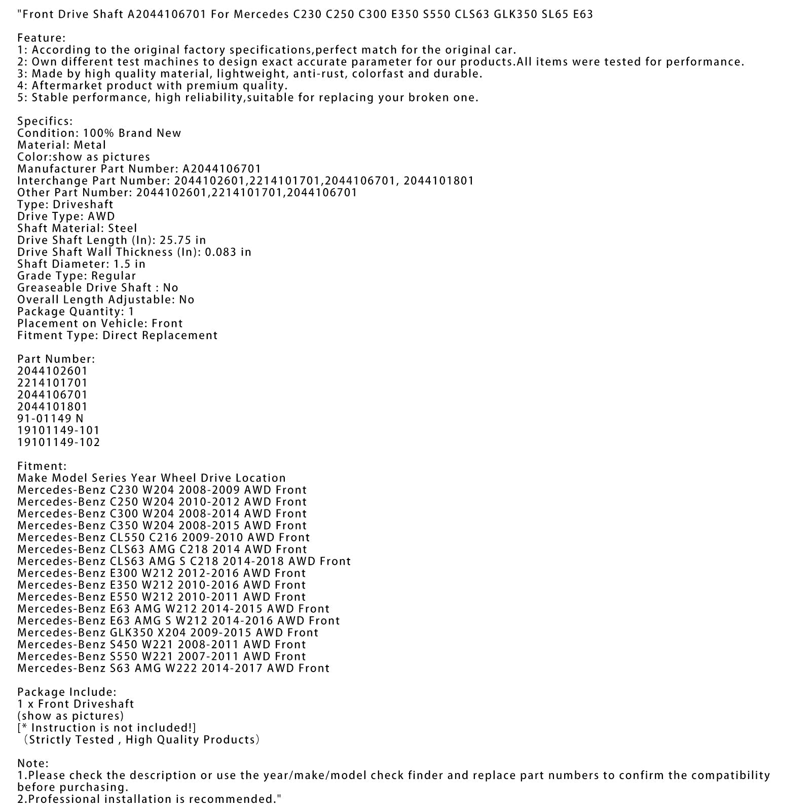 2009-2015 Mercedes-Benz GLK350 X204 AWD Front Drive Shaft A2044106701 2044102601