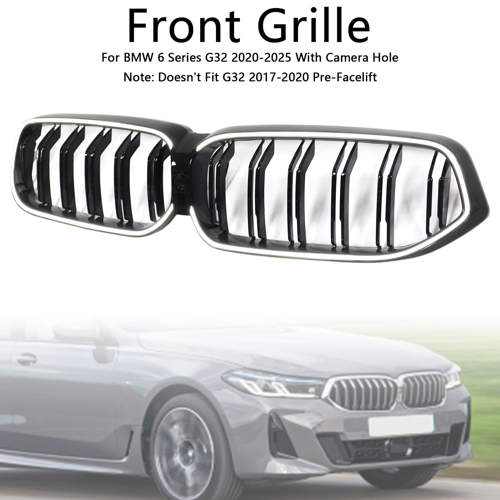 Double Slat Black Front Kidney Grill Grille Fit BMW 6 Series G32 2020-2025