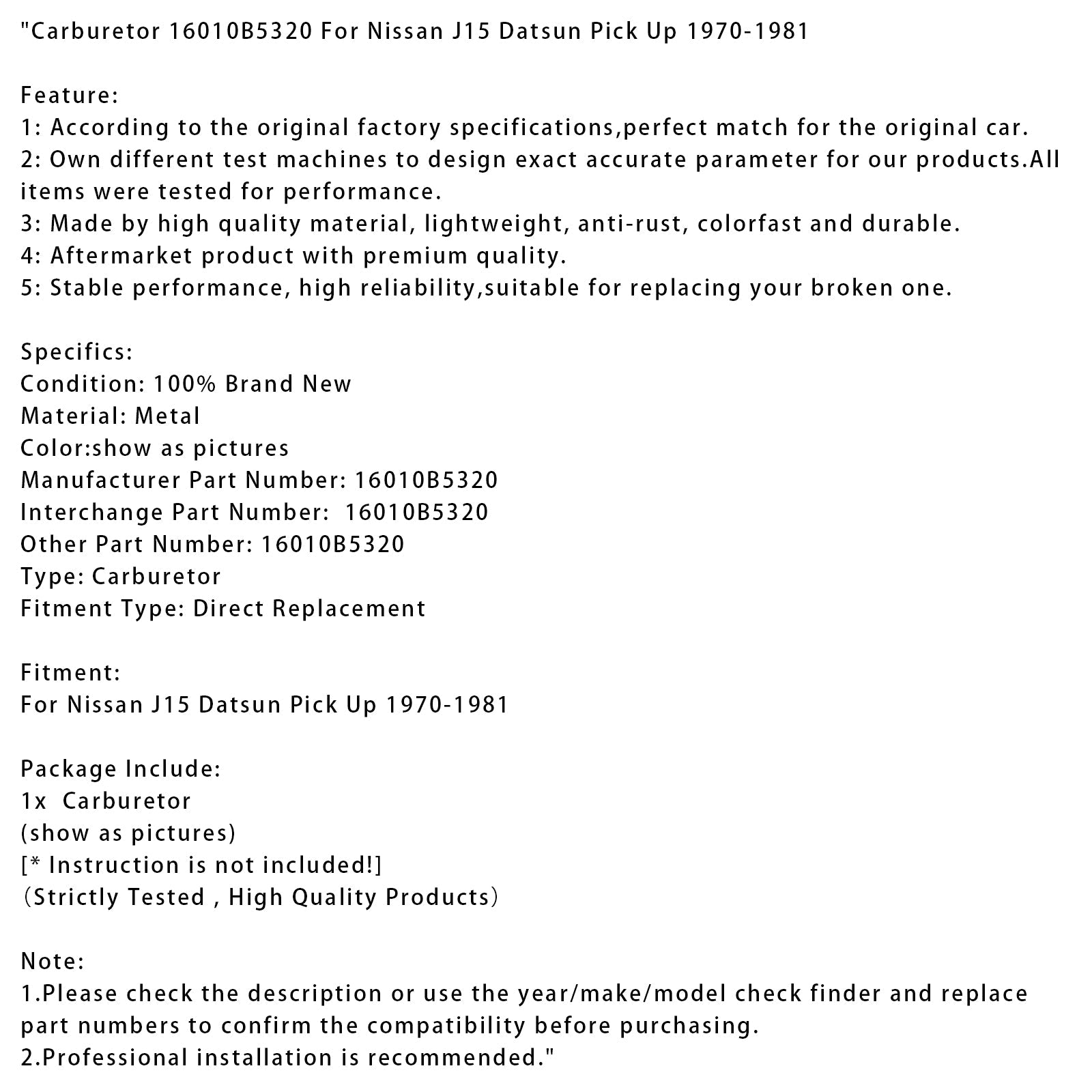 1970-1981 Nissan J15 Datsun Pick Up Carburetor 16010B5320