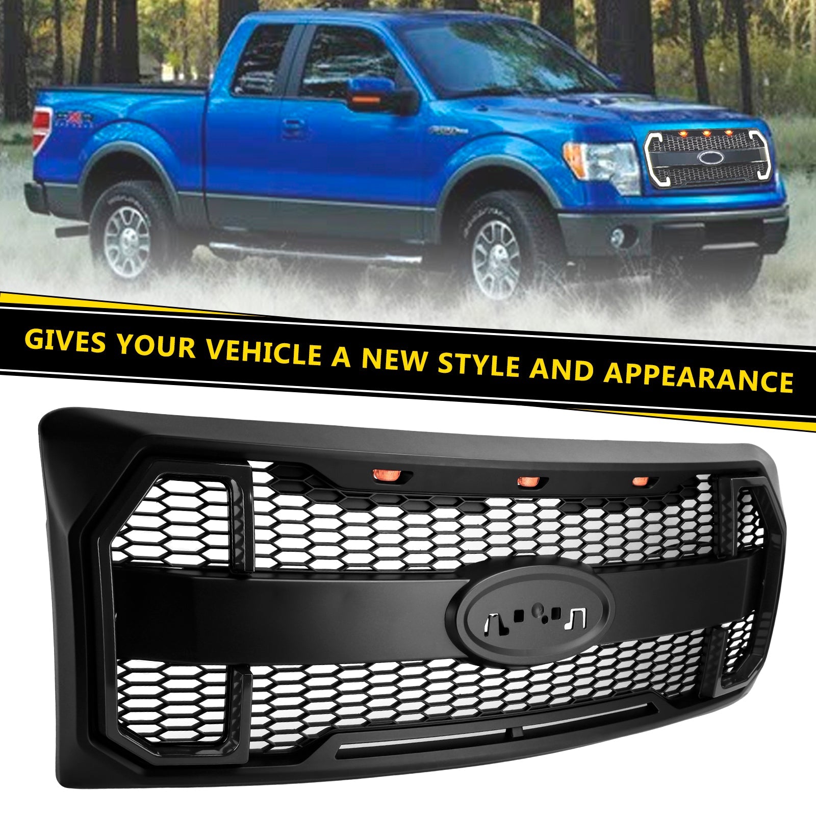2009-2014 Ford F150 Matte Black Raptor Style Front Bumper Grille Grill W/LED