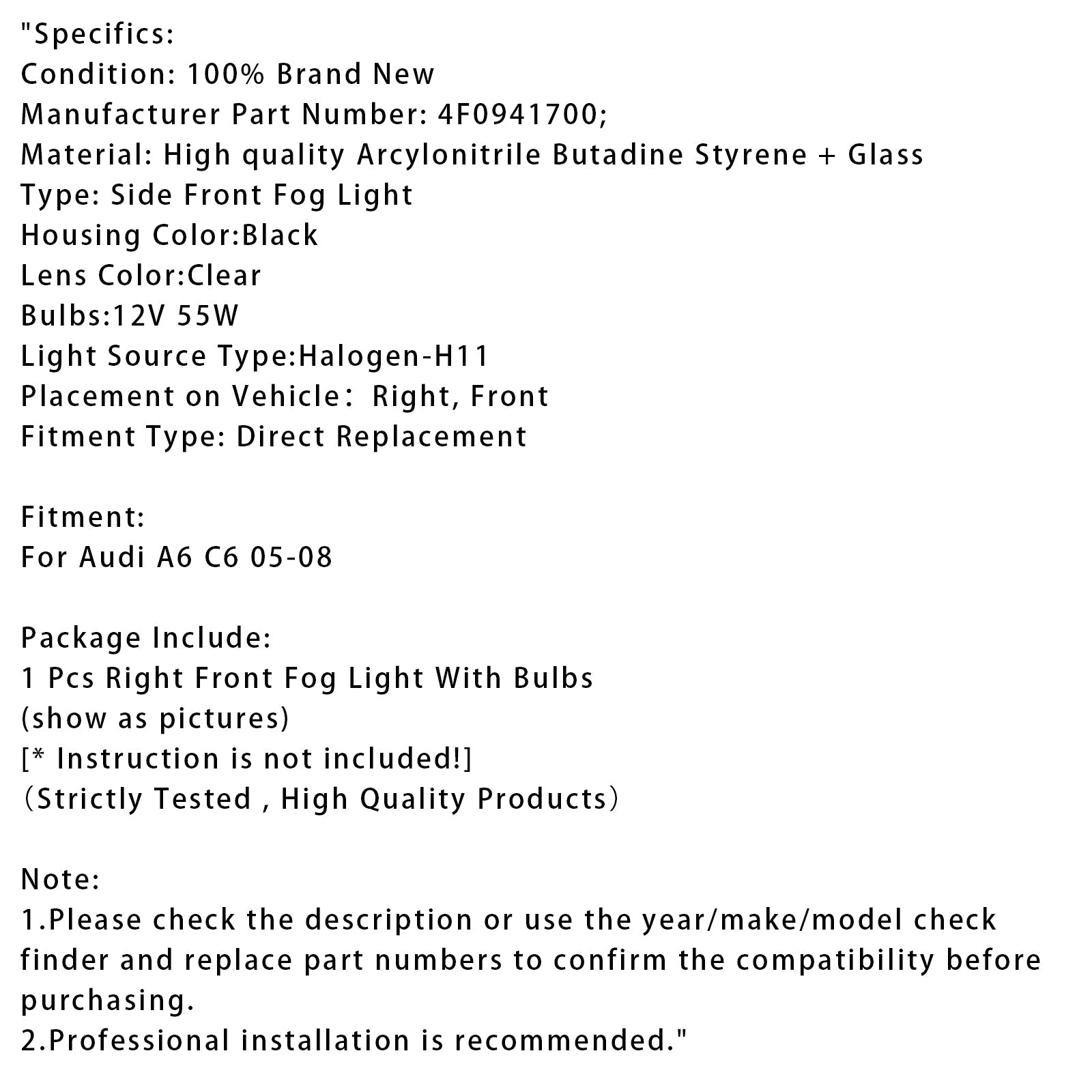 2005 2006 2007 2008 아우디 A6 C6 1개 오른쪽 앞 범퍼 안개등