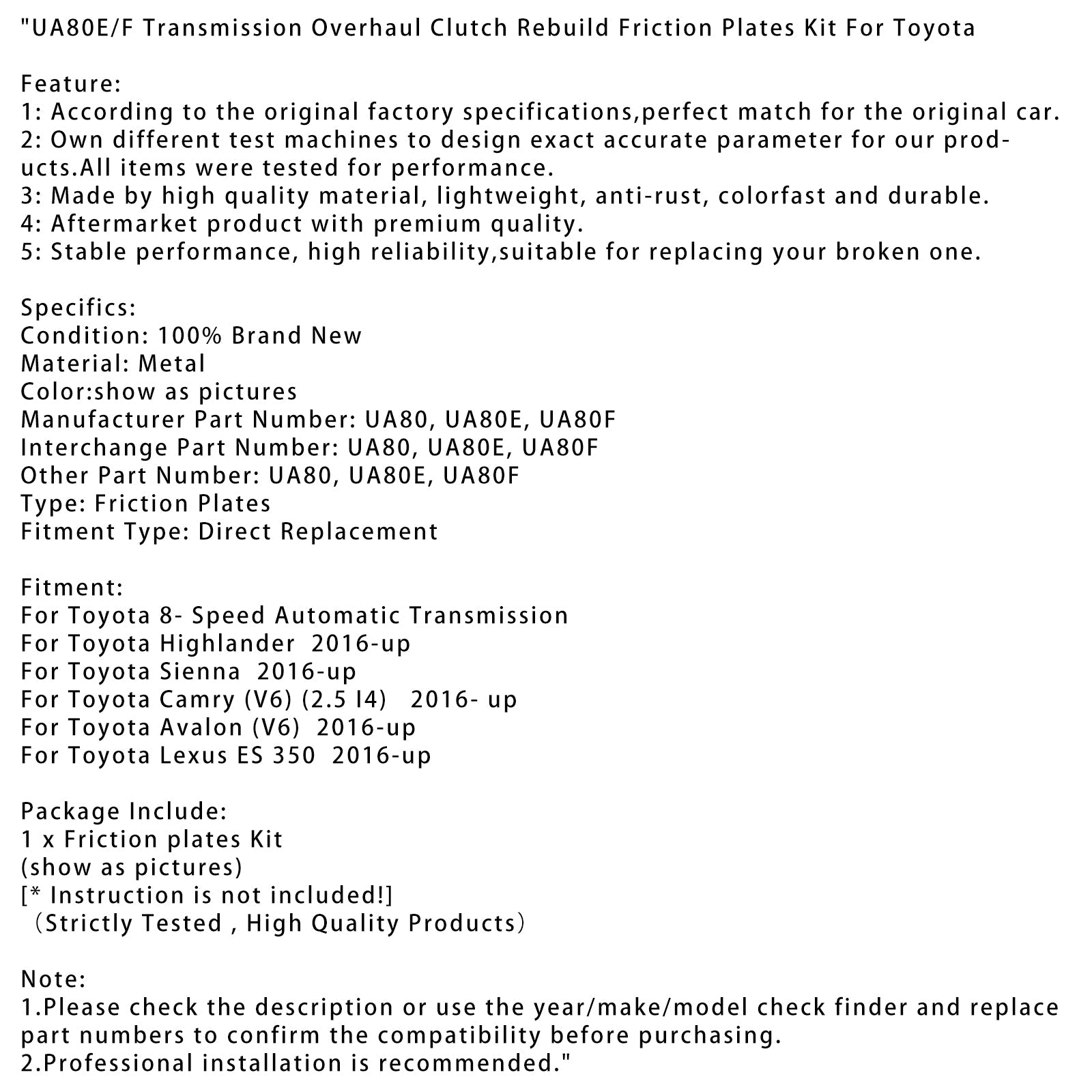 2016- up Toyota Camry (V6) (2.5 I4) Transmission Overhaul Clutch Rebuild Friction Plates Kit UA80E/F
