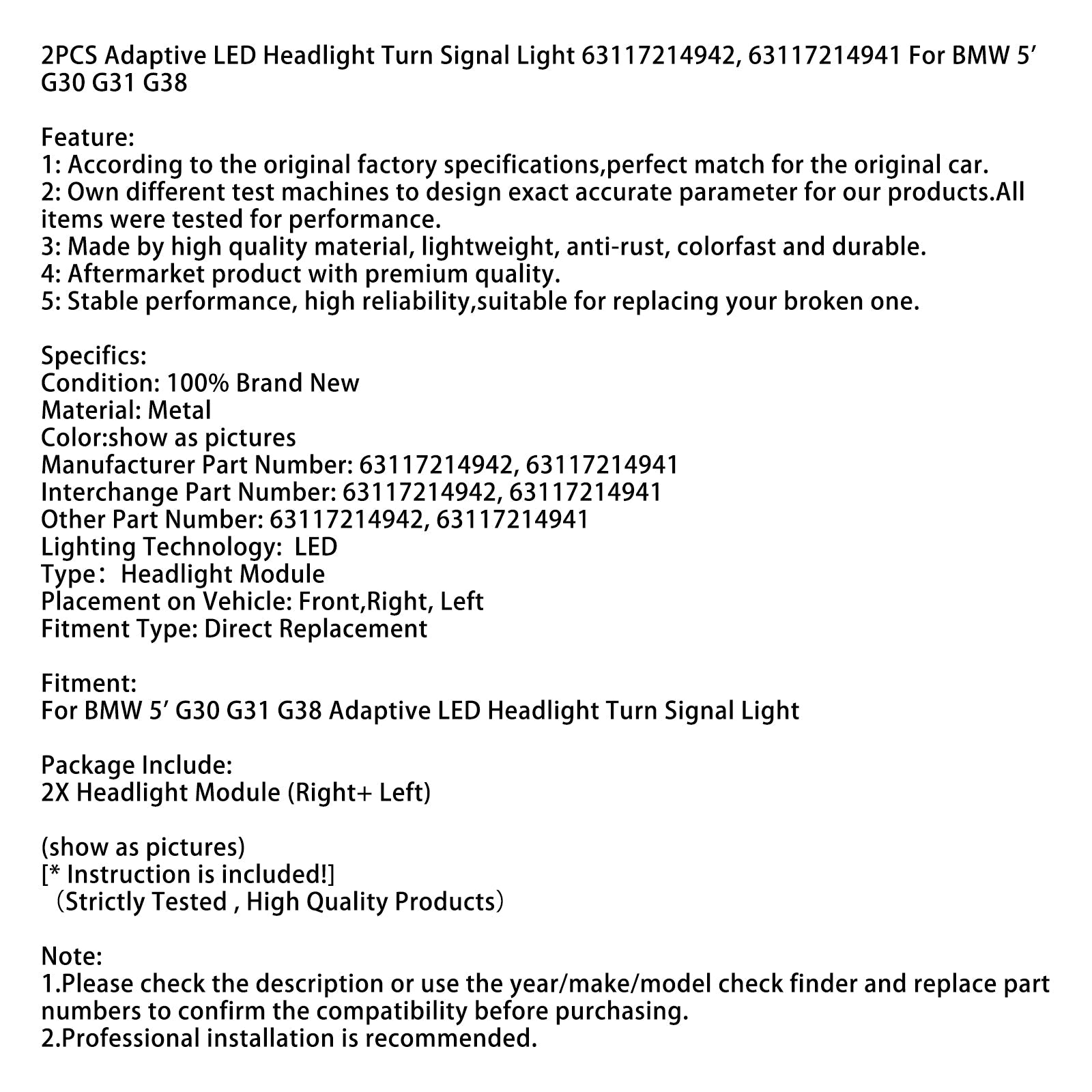 BMW 5' G30 G31 2PCS Adaptive Headlight Turn Signal Light 63117214942 941